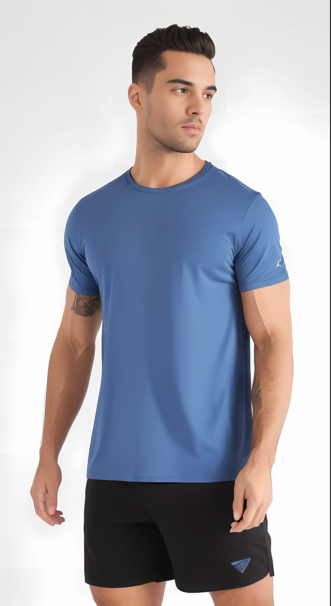 A man in a blue shirt and black shorts stands in front of a white background, tshirt azul apertada, vestindo uma camiseta, vestindo uma camiseta muscular, camisa azul, mangas curtas, vestindo uma camisa azul clara, T - Camisa, camiseta, Roupas azuis, vestindo bermuda e camiseta, wearing pants and a t-shirt