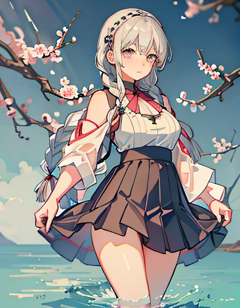 eye focuscherry,blossoms,braided bangs,swimsuit,1girl,illustration,masterpiece,best quality,light blush,grey hair,medium_breasts,long skirt