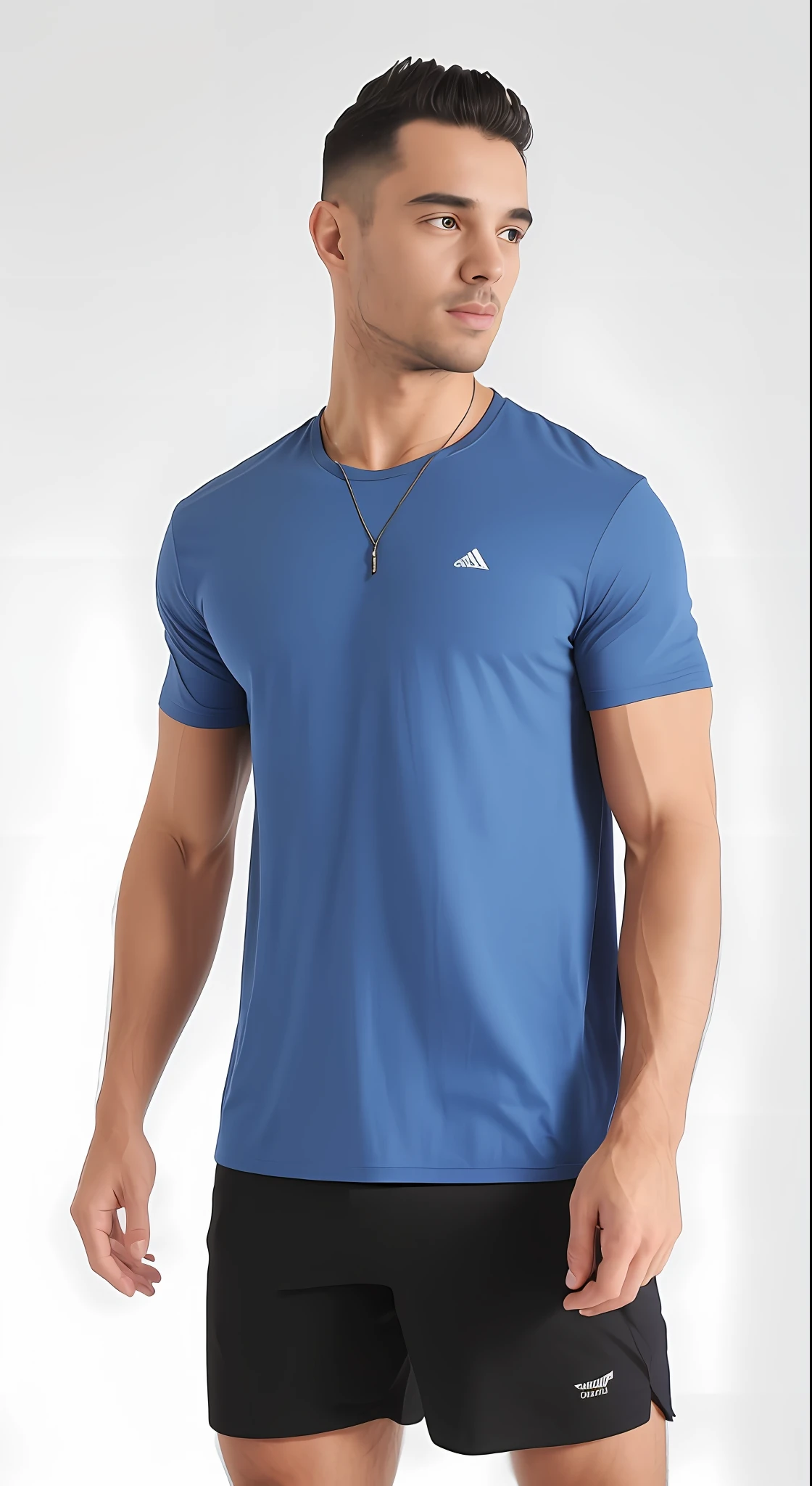 A man in a blue shirt and black shorts stands in front of a white background, tshirt azul apertada, vestindo uma camiseta, vestindo uma camiseta muscular, camisa azul, mangas curtas, vestindo uma camisa azul clara, T - Camisa, camiseta, Roupas azuis, vestindo bermuda e camiseta, wearing pants and a t-shirt