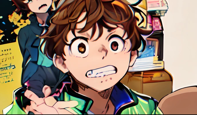 a anime of a boy manga, shocked, biting teeth, grumbling, brown hair color, jacket, close up, color manga, manga color, color manga, color manga panel, simple background