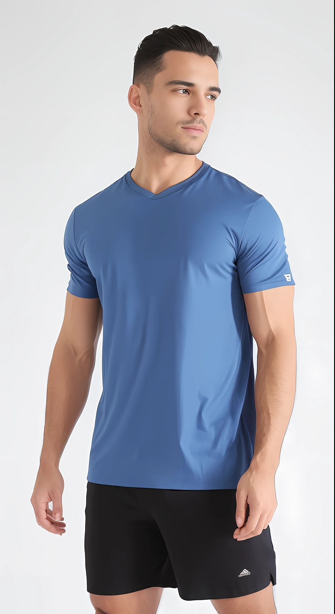 A man in a blue shirt and black shorts stands in front of a white background, tshirt azul apertada, vestindo uma camiseta, vestindo uma camiseta muscular, camisa azul, mangas curtas, vestindo uma camisa azul clara, T - Camisa, camiseta, Roupas azuis, vestindo bermuda e camiseta, wearing pants and a t-shirt