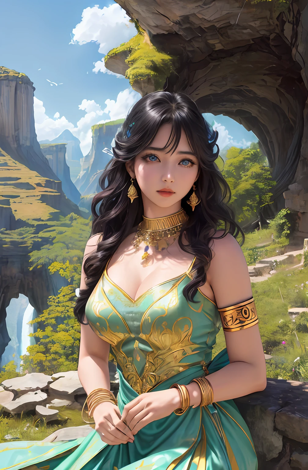 ((Realistic:1.5)),Ulzzang-6500:1.4,((Best quality)), ((Masterpiece)),((Detailed)),2girls,duo,{2 beautiful women}, (Upper body:1.3),Hug and touch each other, Tease your friend's waist, Breathless friends, Biting a friend's earlobe, crouched,super wide shot,Face focus, Long legs,Curvy, Barefoot,Wide hips, Thin legs, Oversized eyes,Long eyelashes, (Detailed face,beautidful eyes, detailedpupils,detailed clothes features, Clear background:1.3), (armlets, bangle:1.3), Mysterious ancient ruins, floresta exuberante, Deep canyon,bridge,River,cliff,Cloud,lakes,Rock music,Waterfalls, Flowers, Grass,grape trees,tree,bright detail,Sharp,Perfect compounding, Intricate, Sharp focus, Dramatic,