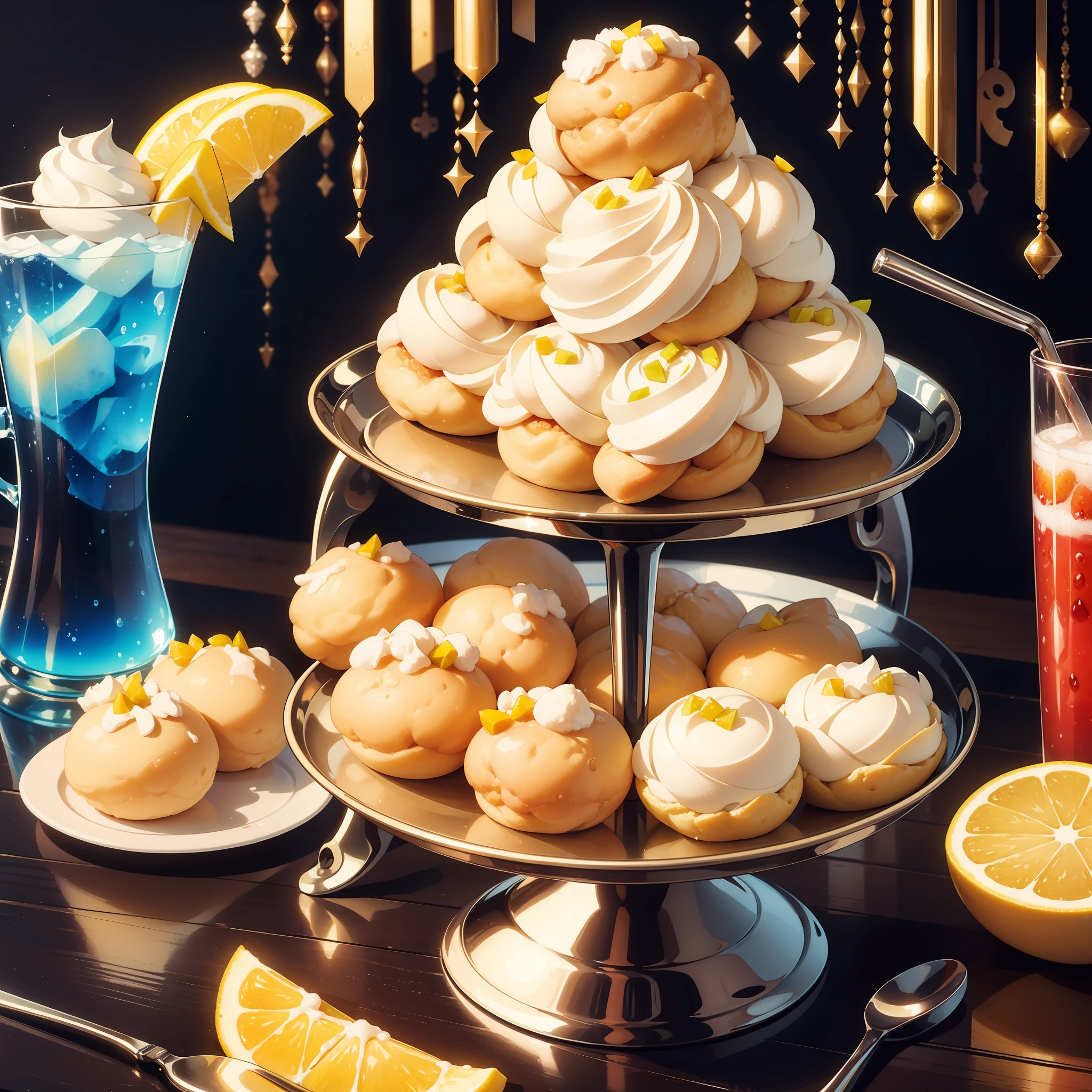Carbonated drink with refreshing bubbles, a glass of perfectly brewed iced tea, a fluffy cream puff with a creamy filling, a colorful fruit jelly with various flavors, and a beautifully arranged fruit platter.