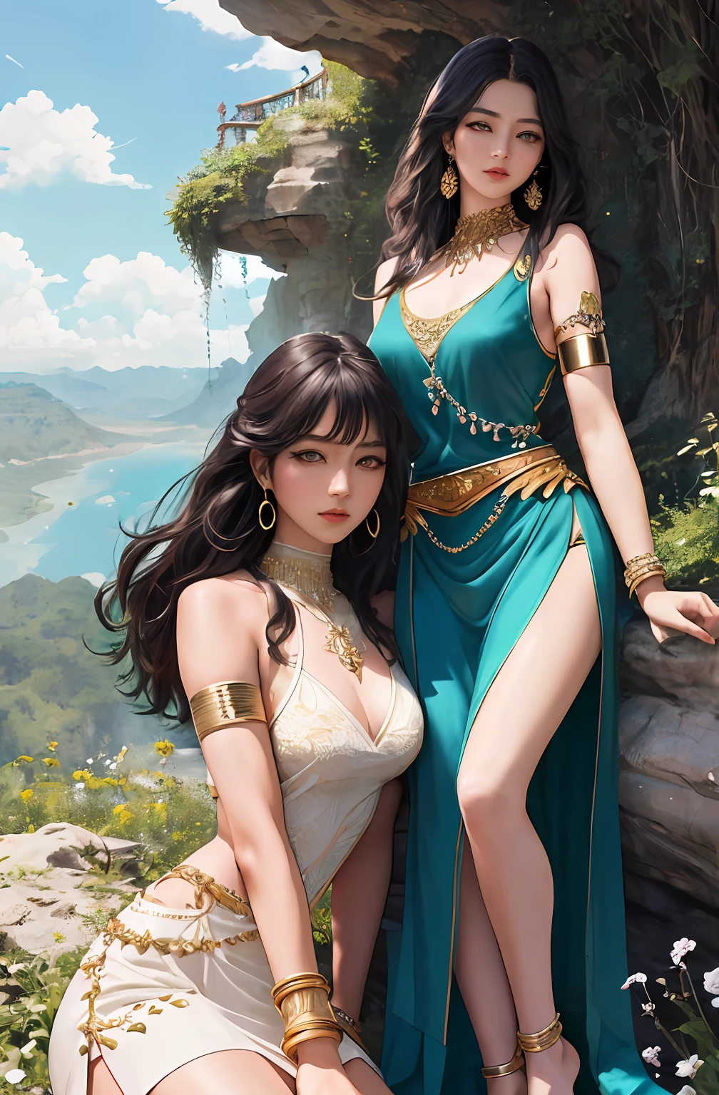 ((Realistic:1.5)),Ulzzang-6500:1.4,((Best quality)), ((Masterpiece)),((Detailed)),2girls,duo,{2 beautiful women}, (Upper body:1.3),Hug and touch each other, Tease your friend's waist, Breathless friends, Biting a friend's earlobe, crouched,super wide shot,Face focus, Long legs,Curvy, Barefoot,Wide hips, Thin legs, Oversized eyes,Long eyelashes, (Detailed face,beautidful eyes, detailedpupils,detailed clothes features, Clear background:1.3), (armlets, bangle:1.3), Mysterious ancient ruins, floresta exuberante, Deep canyon,bridge,River,cliff,Cloud,lakes,Rock music,Waterfalls, Flowers, Grass,grape trees,tree,bright detail,Sharp,Perfect compounding, Intricate, Sharp focus, Dramatic,