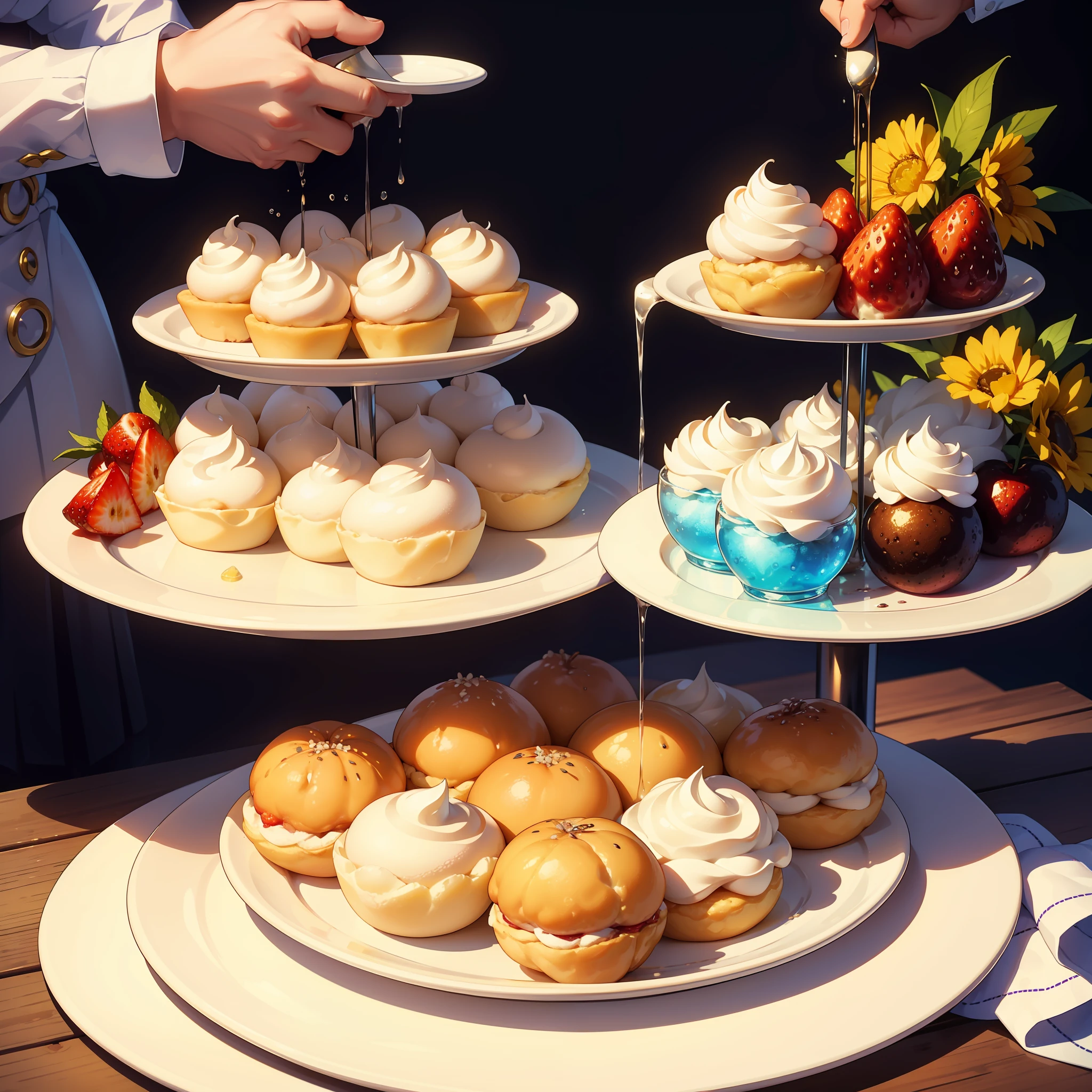 Carbonated drink with refreshing bubbles, a glass of perfectly brewed iced tea, a fluffy cream puff with a creamy filling, a colorful fruit jelly with various flavors, and a beautifully arranged fruit platter.