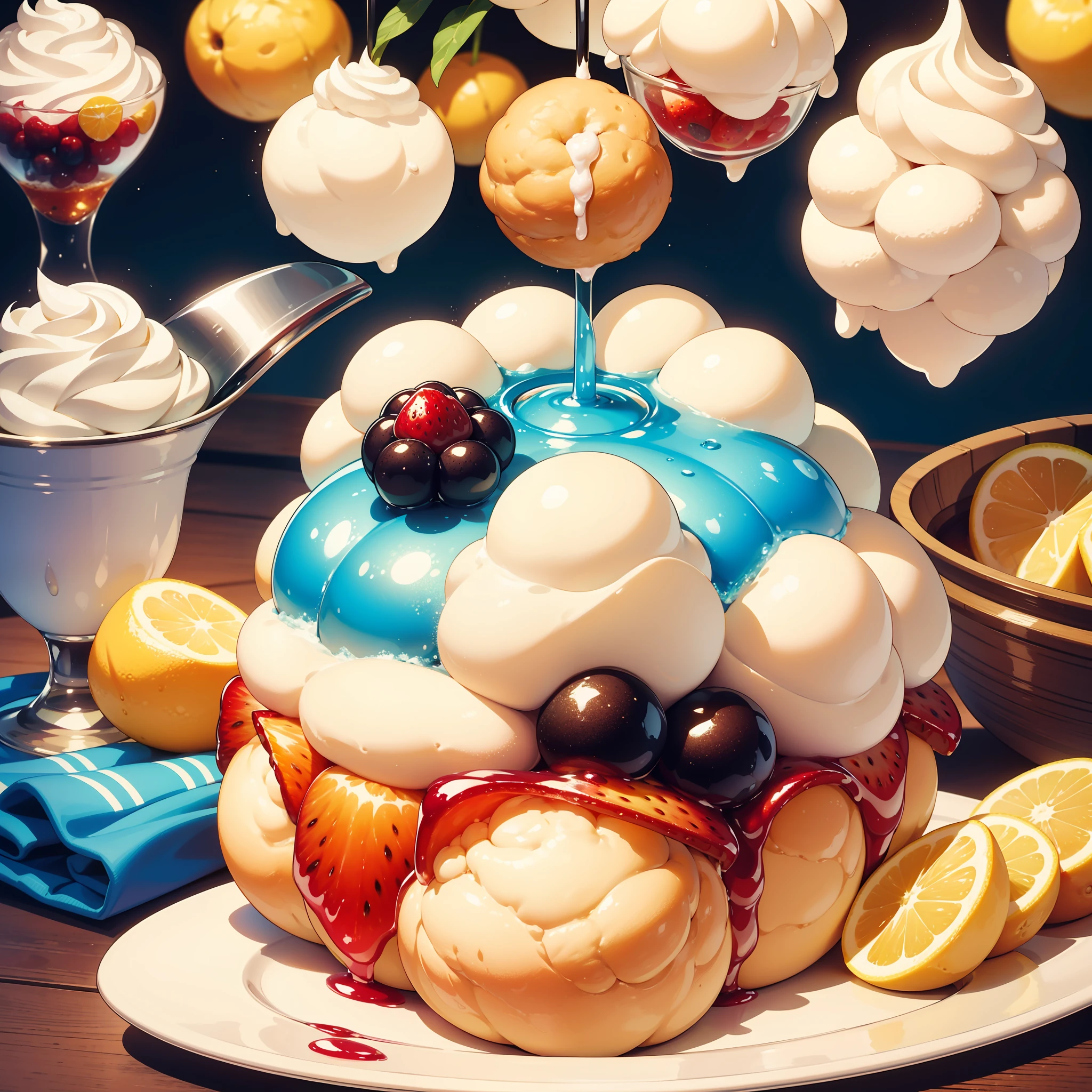 Carbonated drink with refreshing bubbles, a glass of perfectly brewed iced tea, a fluffy cream puff with a creamy filling, a colorful fruit jelly with various flavors, and a beautifully arranged fruit platter.