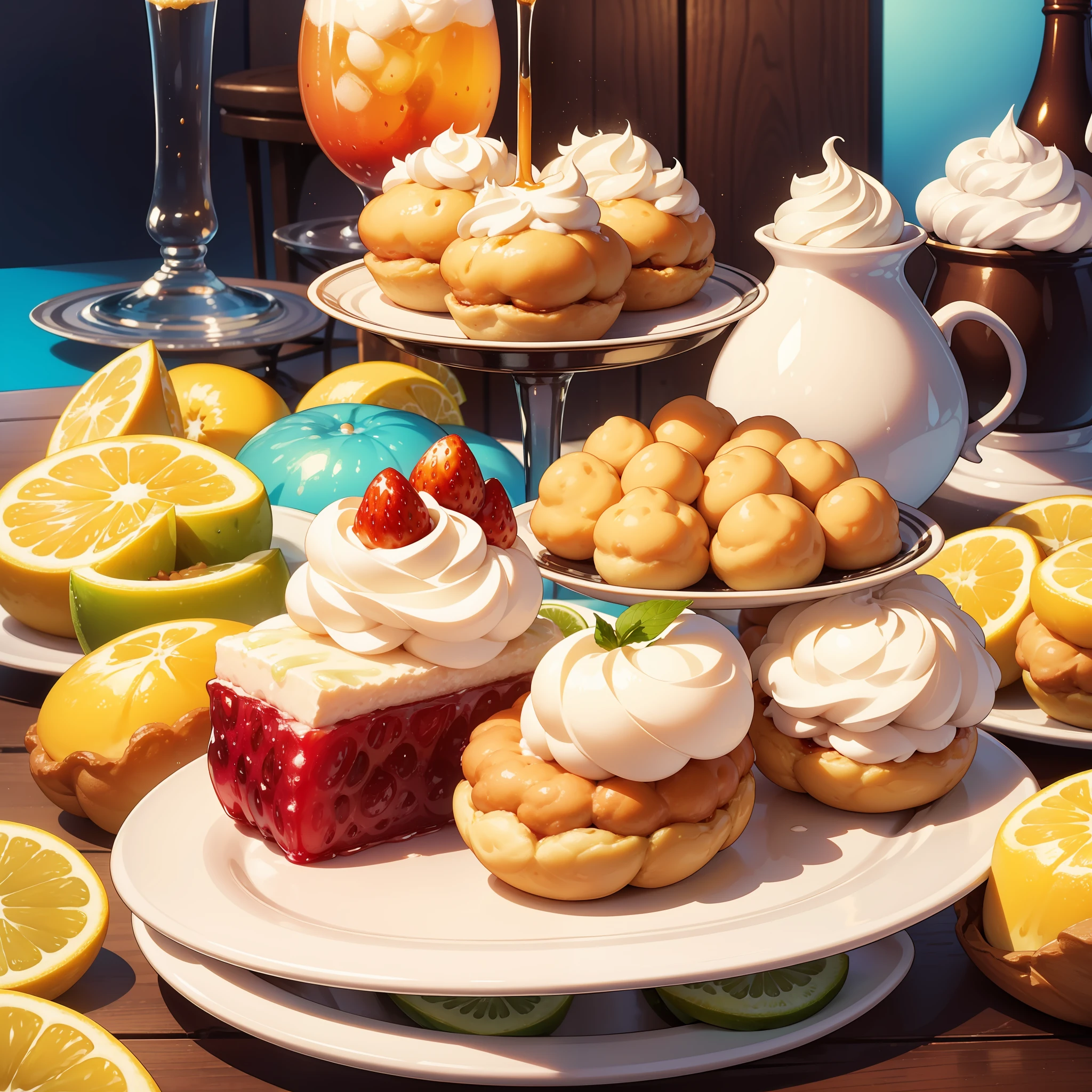 Carbonated drink with refreshing bubbles, a glass of perfectly brewed iced tea, a fluffy cream puff with a creamy filling, a colorful fruit jelly with various flavors, and a beautifully arranged fruit platter.