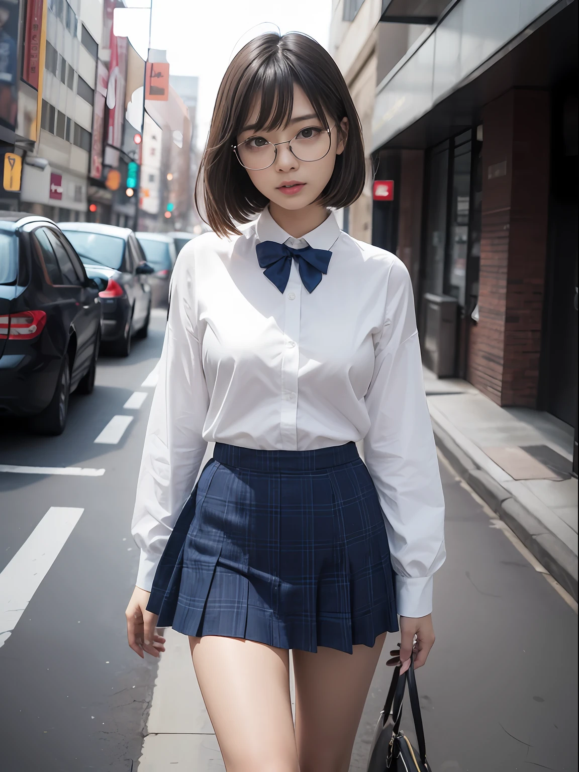 (8K、Raw photography、top-quality、masterpiece:1.2),Light blue bra shows through,Erotic,Eros,de pele branca,Black pantyhose,absurderes,a small face,small tits,flat breast,Parting the bangs from the middle、Forehead visible,(Tight eyes,Bullish,skinny,Rasping,irate)、masterpiece,top-quality、超A high resolution,Raw photo,ren,Beautiful fece,One Person, 独奏,eye glass,,Dark look,Small breasts,fullllbody,Round glasses、cute little、A Japanese Lady,is standing,(Tight eyes,Bullish,skinny,Rasping,irate,small tits,flat breast)、(Photorealsitic:1.37)、Photon mapping,Light blue ribbon,Realistic、Cute little face,Brown-eyed、Black socks、(Red bow tie)、Radio City、Physically Based Rendering、Foreground、depth of fields、Blurry background、a picture,The girls、Body, Long legs, Thin leg,poneyTail,(Bangs are visible), hair, s lips, Blue_The eye, nosesoft,White shirt, Navy blue and white plaid pleated skirt, Knees are visible,Sheer clothing,, Thigh, Black cotton socks,Nogizaka Idol, 女優, Japanese ido