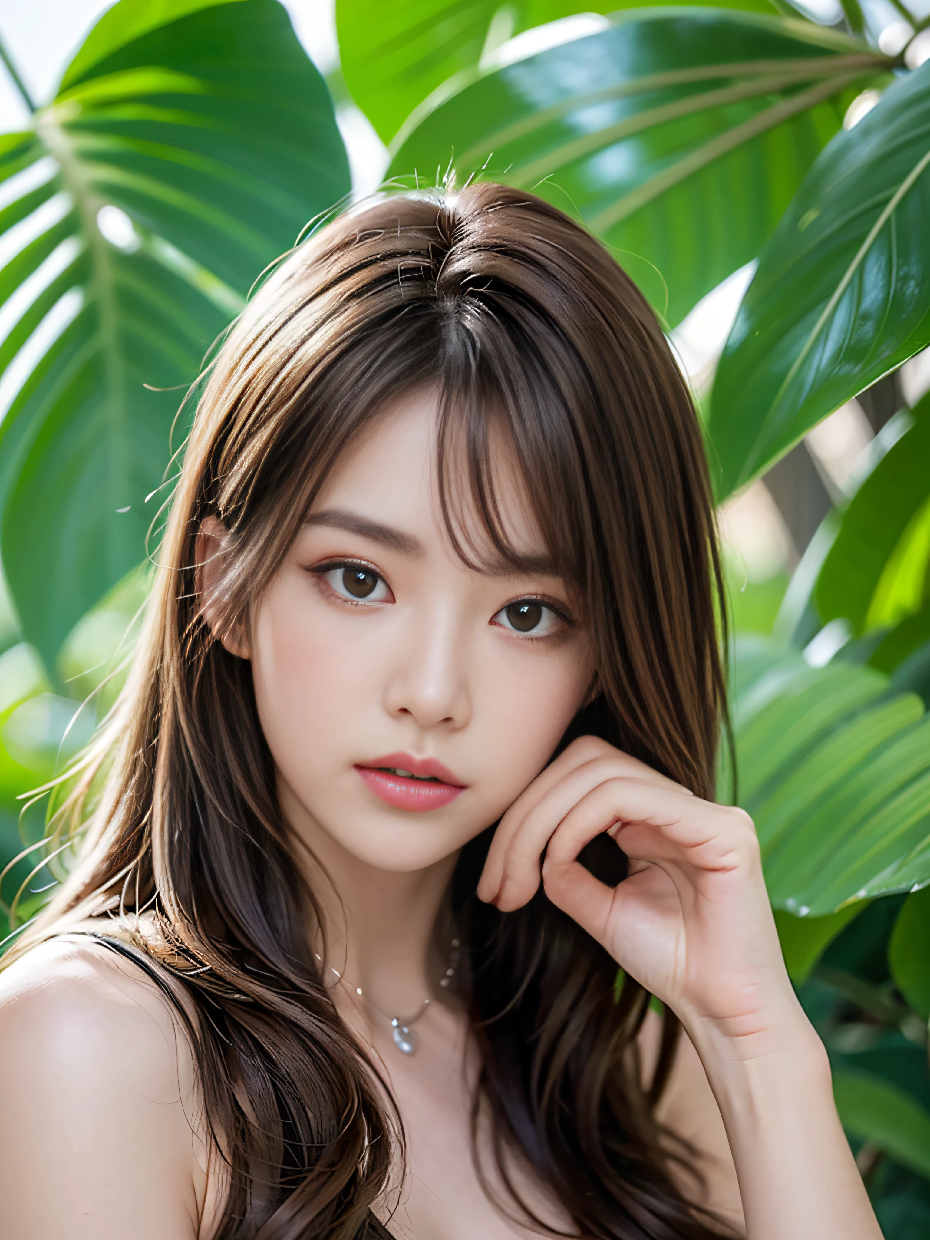 ((Realistic lighting、top-quality、8K、masterpiece:1.3))、Clear focus:1.2、NSFW:1.2,(nudde:1.2)、((realisitic)) , ((Real Light、top-quality))、Model body type:1.4、(dark brown hair、tits out:1.2)、dark-brown eyes、length hair、thin lipss、((Tropical seas、hotel))、(24 year old:1.3)、hyperdetailed face、A detailed eye、二重まぶた、a necklace、Hair over one eye、high-heels、eye line、Raking up your hair with both hands、Smart ass