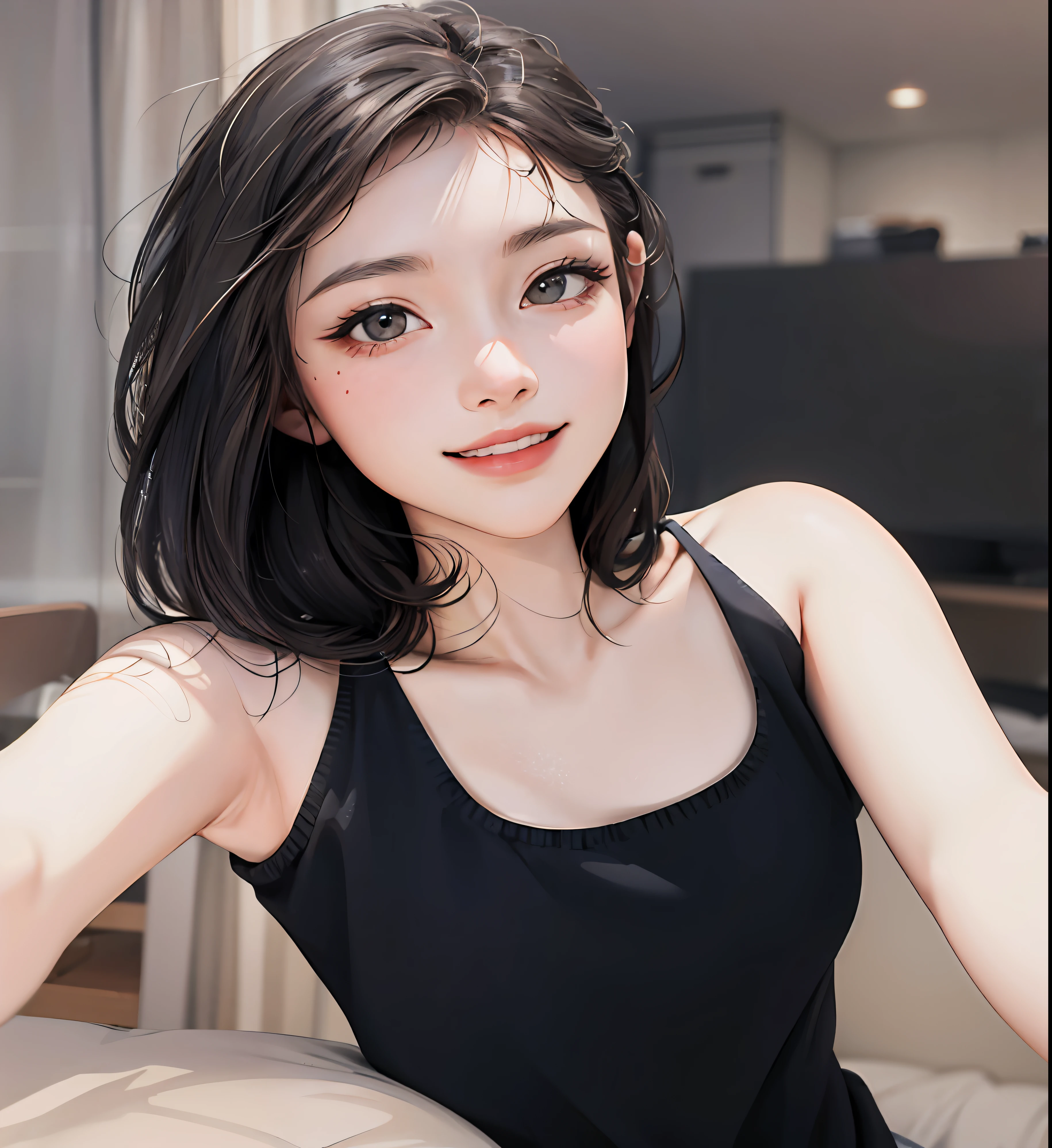 (masterpiece:1.2, best quality), (real picture, intricate details), 1lady, solo, upper body, casual, long hair, minimal makeup, natural fabrics, close-up face, smile, home