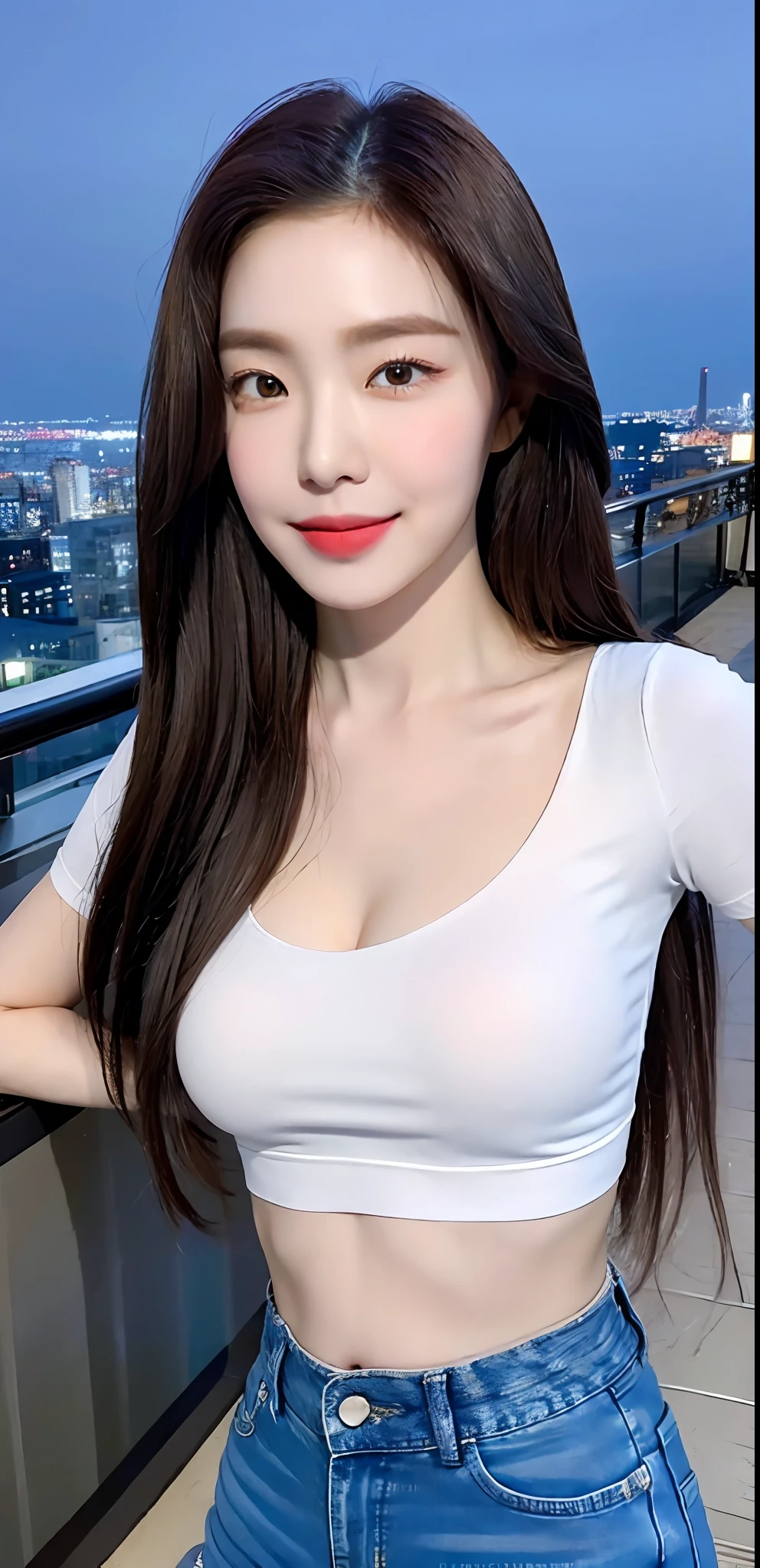 ((Midnight, Best quality, 8k, Masterpiece :1.3)), Whole body, Long legs, Sharp focus :1.2, A pretty woman with perfect figure :1.4, Slender abs :1.1, ((Dark brown hair, Big breasts :1.2)), (White tight tshirt, crop top, Jean shorts, Standing:1.2), ((Night city view, Rooftop:1.3)), Highly detailed face and skin texture, Detailed eyes, Double eyelid, slightly smile, close up