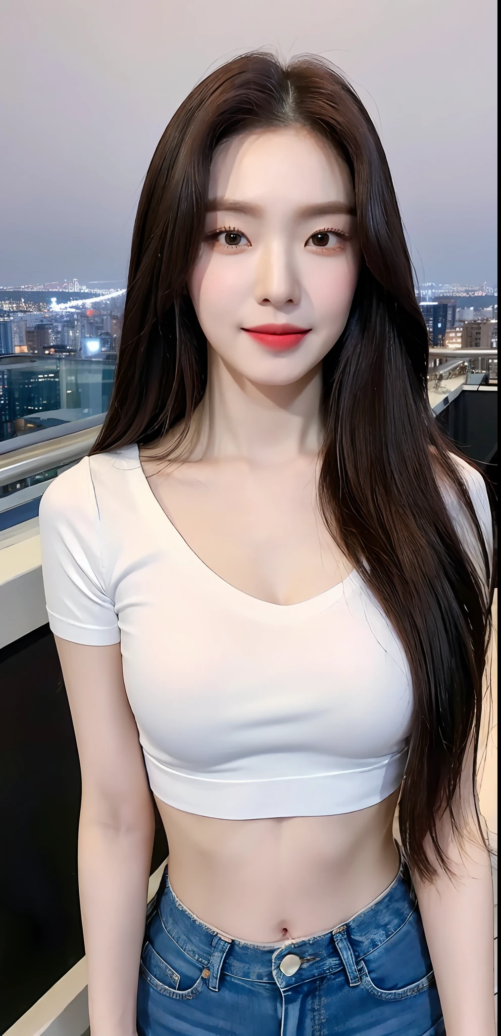 ((Midnight, Best quality, 8k, Masterpiece :1.3)), Whole body, Long legs, Sharp focus :1.2, A pretty woman with perfect figure :1.4, Slender abs :1.1, ((Dark brown hair, Big breasts :1.2)), (White tight tshirt, crop top, Jean shorts, Standing:1.2), ((Night city view, Rooftop:1.3)), Highly detailed face and skin texture, Detailed eyes, Double eyelid, slightly smile, close up