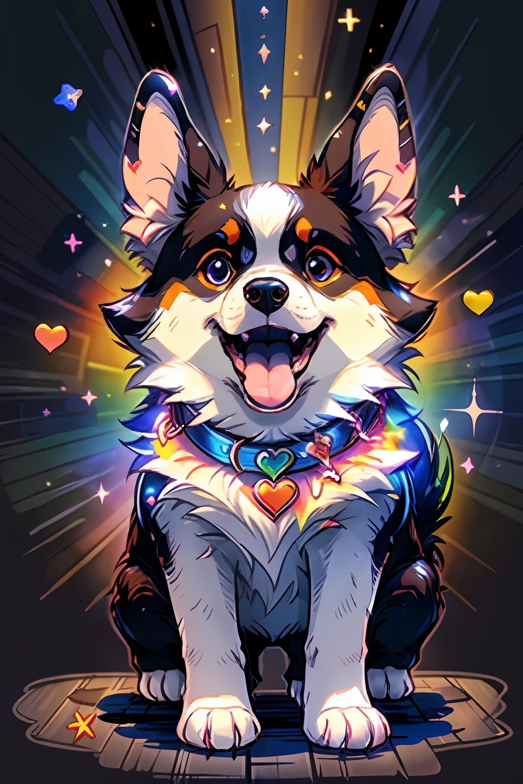 Niji Pride, solo, smile, open mouth, tail, heart, tongue, tongue out, star (symbol), collar, no humans, sparkle, fangs, looking up, dog, animal focus, sparkling eyes, fluffy