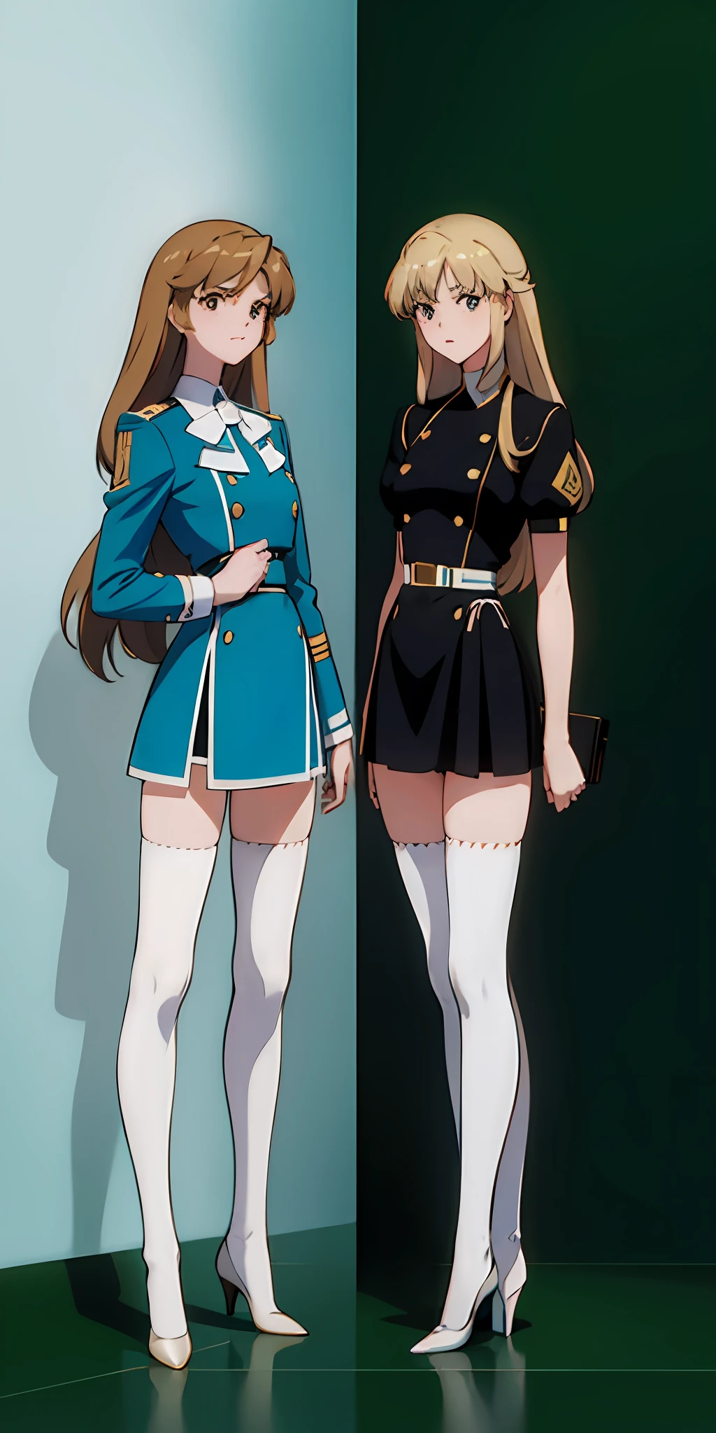 ((Masterpiece, highres)), 2girls, duo, twins, ((one brown haired girl, one blonde girl)), long hair, curly hair, matching hairstyles, different hair color, confident, elegant, (((matching outfits, matching uniforms, blue uniforms, white thighhighs, long white socks, black high heels))), standing at attention, shoulder to shoulder, same pose, mansion, RETRO ARTSTYLE, 1990S (STYLE)