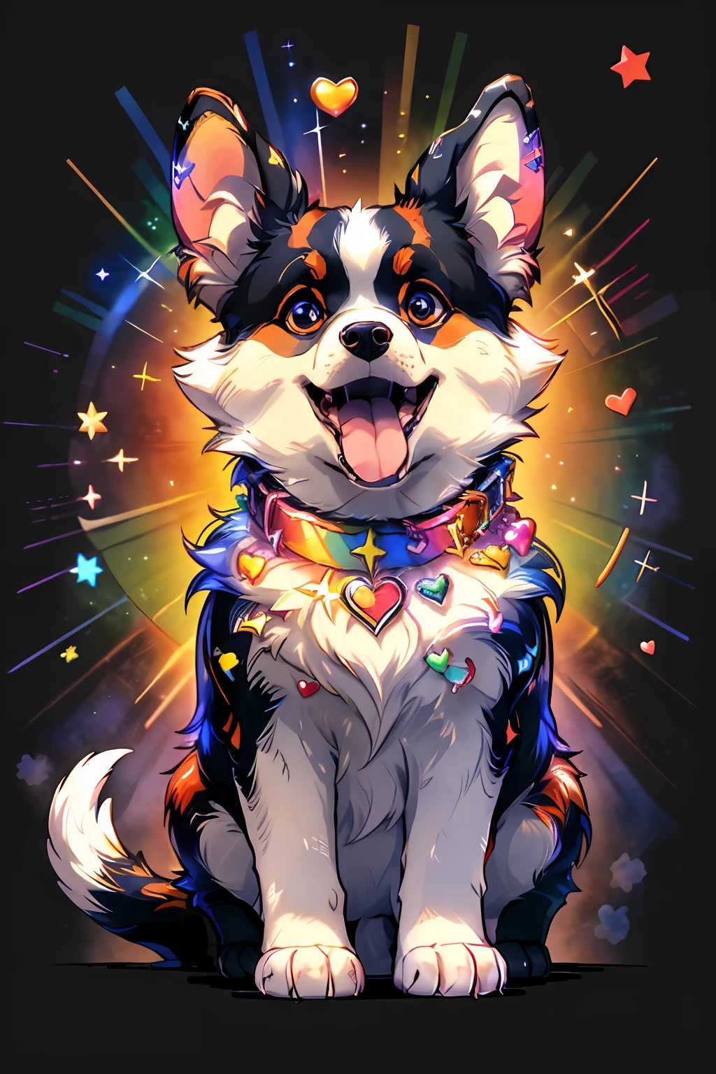 Niji Pride, solo, smile, open mouth, tail, heart, tongue, tongue out, star (symbol), collar, no humans, sparkle, fangs, looking up, dog, animal focus, sparkling eyes, fluffy