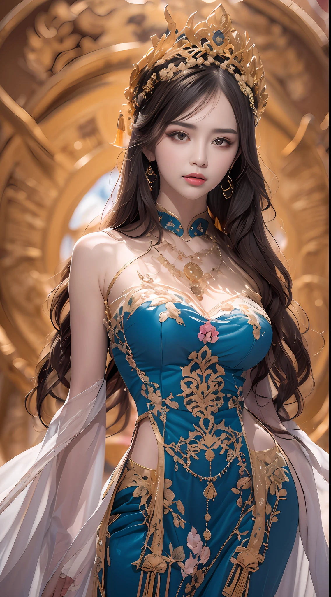 Portrait of a young 20-year-old saint, a saint with a beautiful and super cute face, Chinese doll, super cute face, holy woman wearing a combination of ao dai and thin pants with red color and yellow lace trim, beautiful face without blemishes, shut up, ((long hair seven colors rainbow:1.2)), Front bangs, long straight hair tied neatly,, hair brooch, hanfu dress, chinese ancient style, Neck and hand necklaces, small earrings, hair jewelry, hair brooches, ao dai with many meticulous motifs, forehead tattoo,Big and round breasts, The female saint's breasts are round and very full, breast augmentation, innocent face, The most beautiful and detailed light red lipstick, ((Thin plump lips:0.3)), ((Golden eyes:1.2)), The eyes are delicately decorated,(white and detailed) cinematic, light and dark, dramatic lighting, magical light, extremely detailed light, true color, super sharp, realistic, 8k quality, fantasy universe background, saints and magical space, the most detailed images, Solo, a saintess, ((looking directly at the saint's upper body:0.4)), ((smooth skin:0.5)), Extremely detailed pixels, super true, extremely detailed and complex graphics, the highest resolution, close-up portrait,