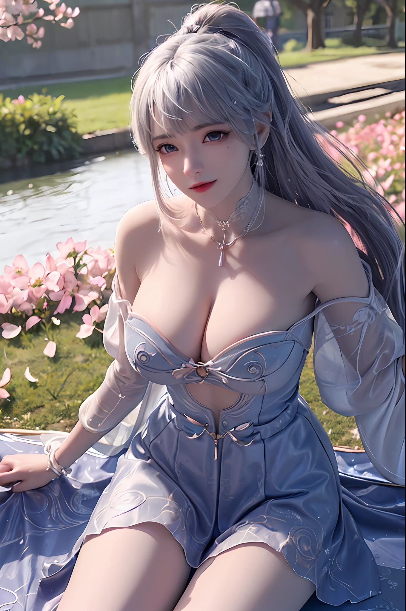 delicated best quality ,masterpiece, illustration, an extremely delicate and beautiful, extremely detailed ,CG ,unity ,8k wallpaper, Amazing, finely detail, masterpiece,best quality,official art,extremely detailed CG unity 8k wallpaper, absurdres, incredibly absurdres, huge filesize , ultra-detailed, highres, extremely detailed,beautiful detailed girl, extremely detailed eyes and face, beautiful detailed eyes,light on face,1girl, (kamisato ayaka/genshin impact), (Super realistic), (((white hair))), (high ponytail), (two bunches of hair in front of the ear), (blue eyes), ((hair jewelry)), (((describe the arm in detail))), ((charming lingerie)), (((Super boobs))), (saggy breasts), ((giant breasts)), ((milk cow's udder), ((Big ass)), ((thighs)), ((Plump body)), (Big breasts), ((armpit)), ((Plump boobs)),, (detailed description of hair), jewelry, (gem earrings), ((upper body)), (Bare shoulder), ((collarbone)), ((off shoulder)), (Shiny skin), (Detailed description of eyes), (detailed description of face), (detailed description of body), (white and translucent skin), peerless beauty, (extreme beauty), (red lips), (shy ), ( smile), (facing the viewer), ((facing)), (((cherry blossom))), (falling petal), (((silver dress))), ((long sleeves)), (revealing clothes), ((wide sleeves)), (thin silk), (penetration), (Lying on the shore of a lake full of cherry blossom), (She sits gracefully by the tranquil cherry blossom lake, her feet playing in the water, bathed in the soft glow of the moonlight), the water surface is reflective, (every pose), ((There is a lot of water on the body))