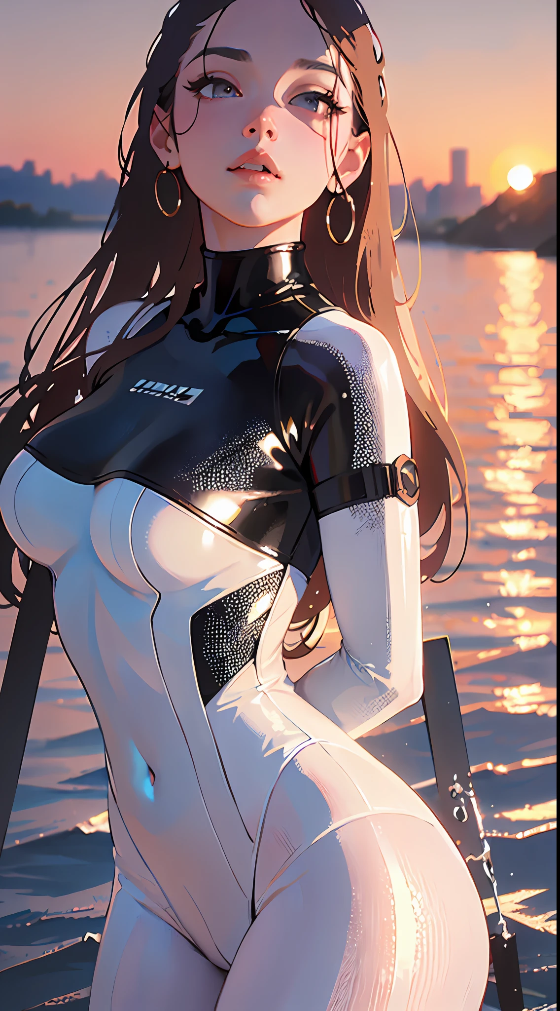 8K resolution, refined features, perfect face, glowing skin, high detail, latex_bodysuit, creamy white mucus body, enveloping the whole body, transparent liquid texture, sexy,busty,upright_straddle, sunrise, water, side view