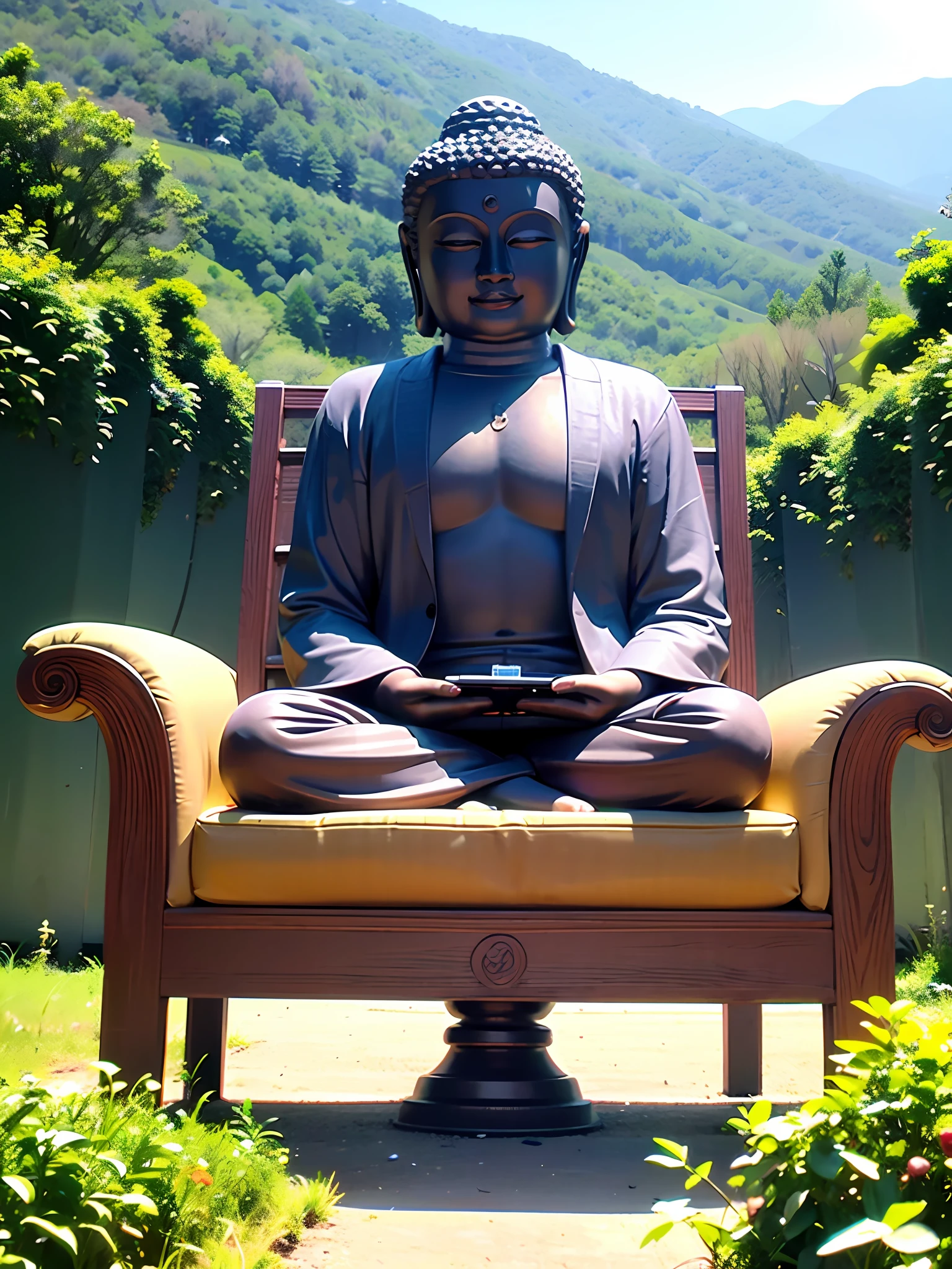 For example, the Buddha wears a suit and tie，Tapping on the computer