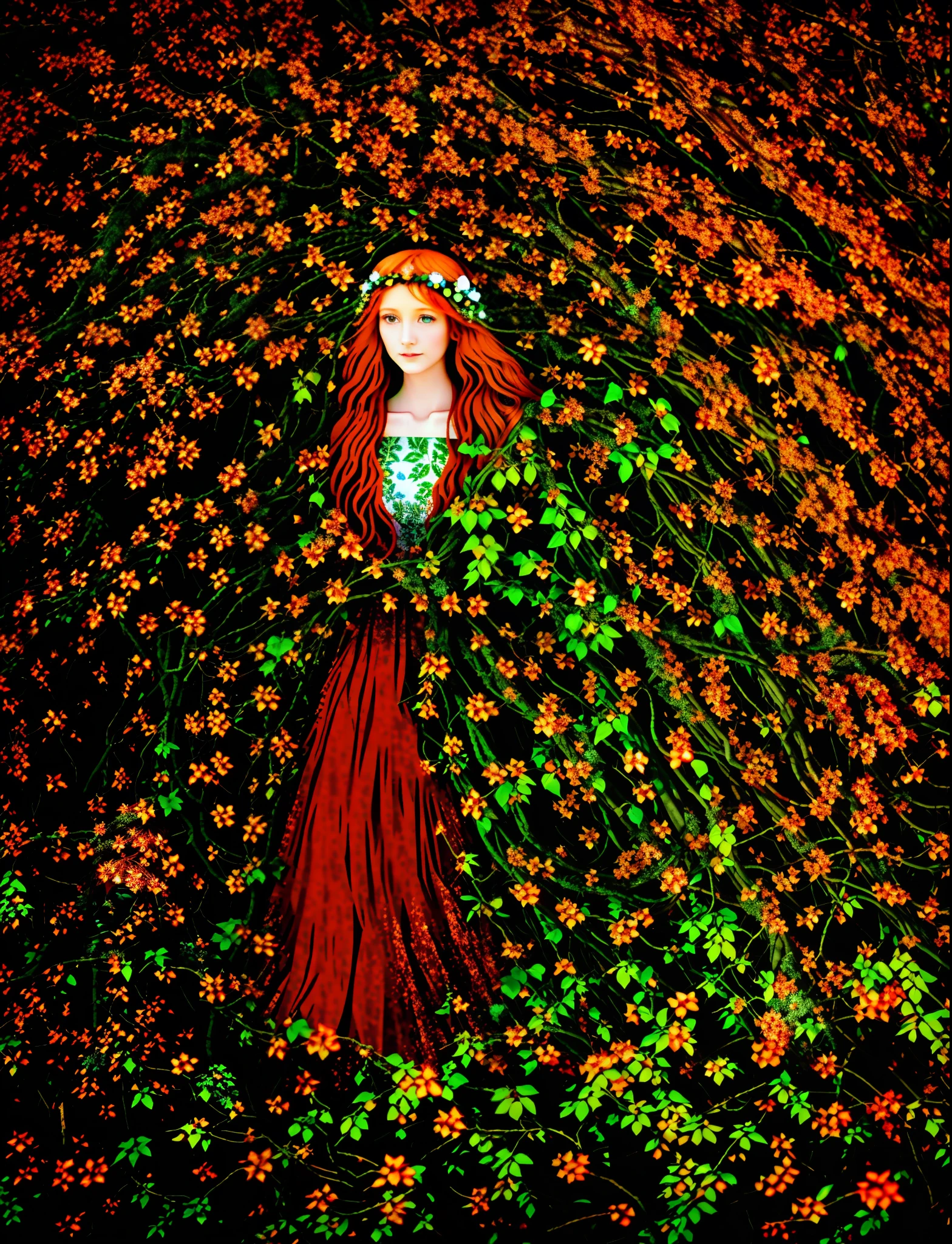 In the field stood a woman with long hair, druid goddess, Earth goddess mythology, goddess of nature, persephone in spring, fey queen of the summer forest, goddess of nature, goddess of the forest, Dryad, Girl with red copper hair, spring goddess, wearing a dress made of vines, Beautiful female druids, a female druid, portrait of a female druid