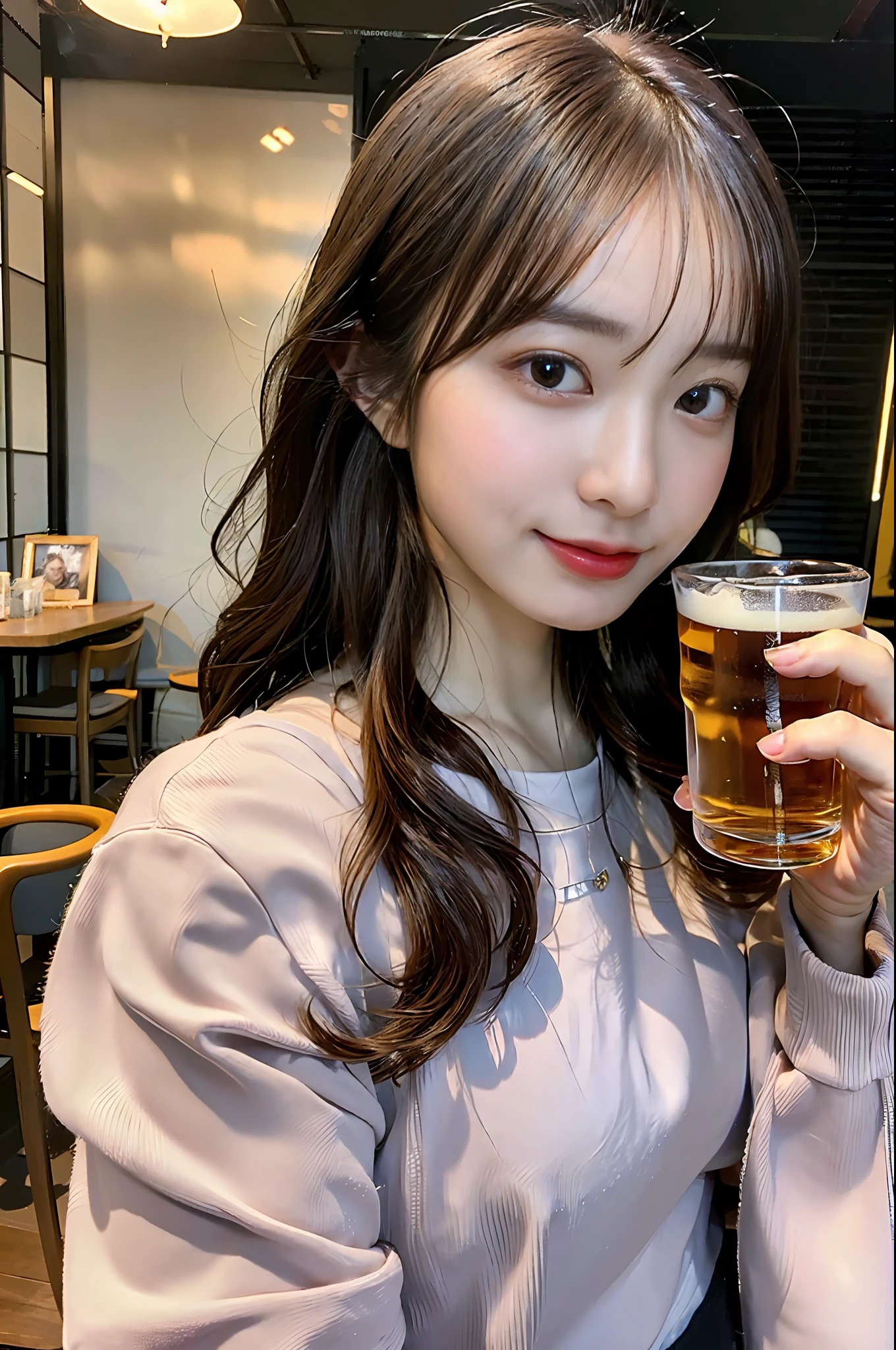 (masterpiece,best quality:1.4),(8k,raw photo,photo realistic:1.2),(shiny skin),detailed skin,detailed face,detailed eyes,1girl,upper body,Japanese idol,extremely beautiful face,brown hair,a girl holding beer mug,at the tavern