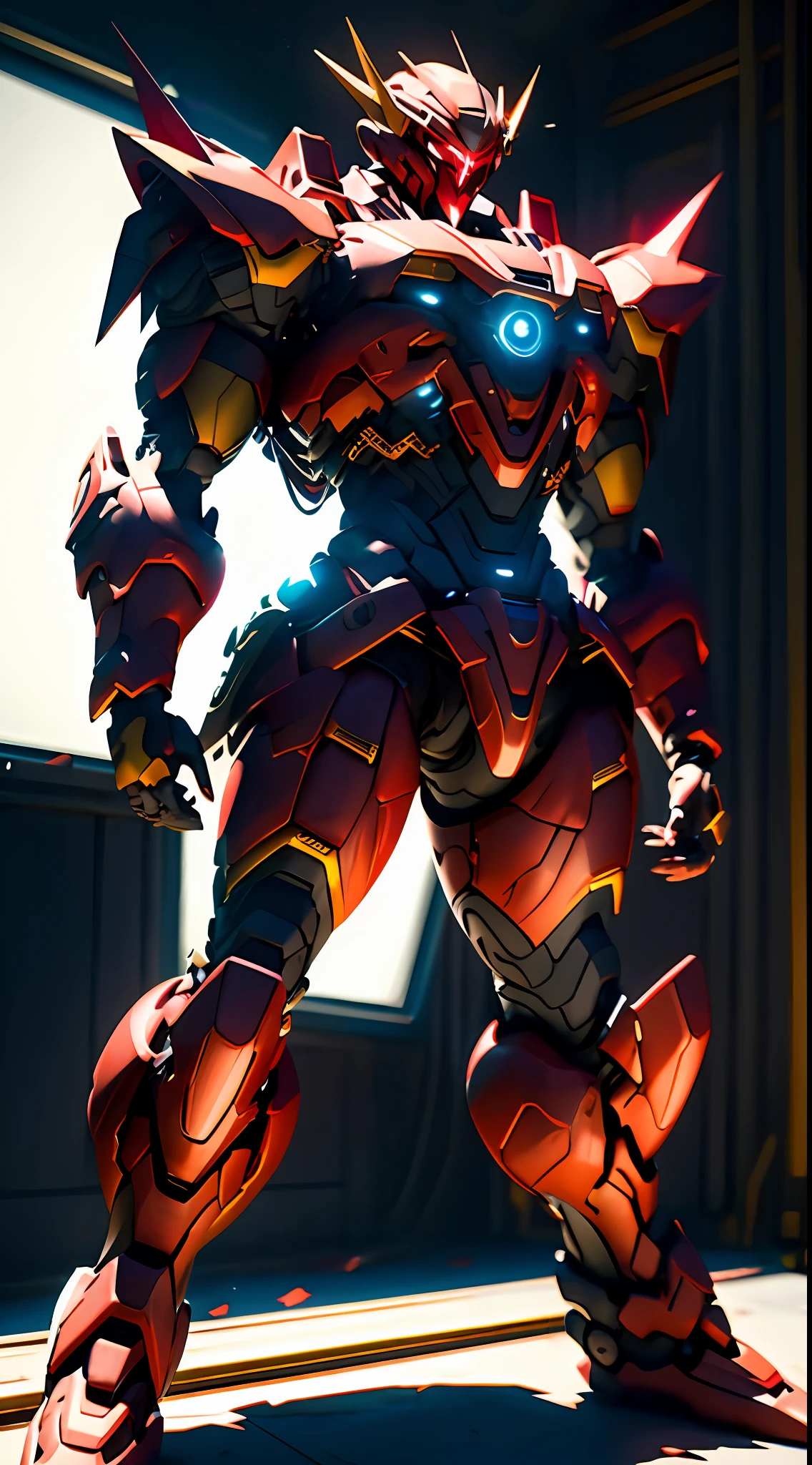 Dramatic angles,Frontal angle,desert,8k wallpaper,tmasterpiece,best qualtiy,illustratio,Extremely delicate and beautiful mech,Large mech structure,The light from the back window is backlighted,Perfect body proportion,Aesthetics of violence,Stand on the ground,Black body dark red decorative color,Ancient armor,Long knives,Dim lighting,Sense of oppression。