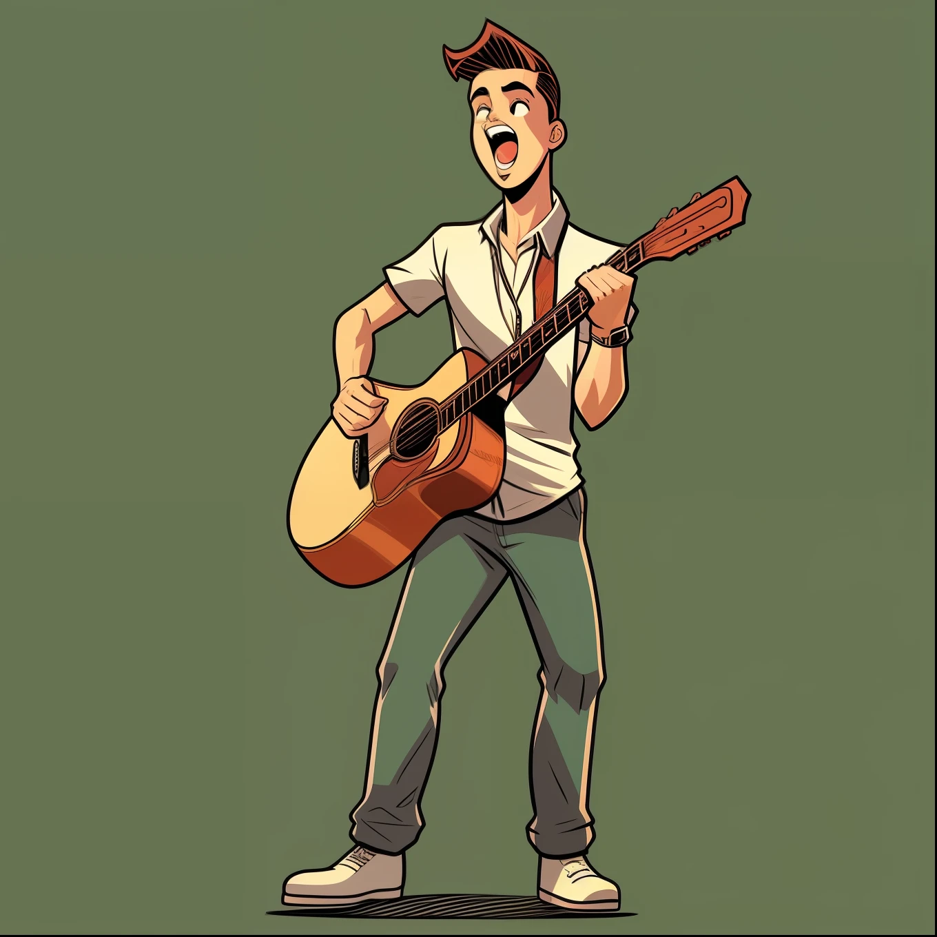 [homem jovem], [corpo inteiro], [loiro], estilo cartoon, estilo comic, contorno de linhas pretas 0.6, cantando no palco, detalhes intrincados, highes definition