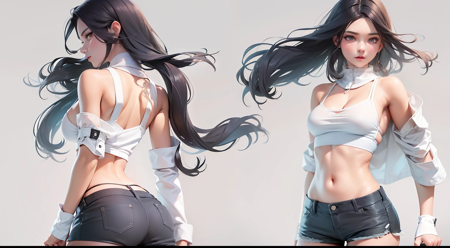 one-girl,White top,A beautiful face,tmasterpiece,Bright, smooth skin,Long black hair that shows his skin,Mini shorts,Eyes realistic,pupil realistic,(smallunderboob:1.0),(Thigh thick:1.0),4K,hyper-high detail