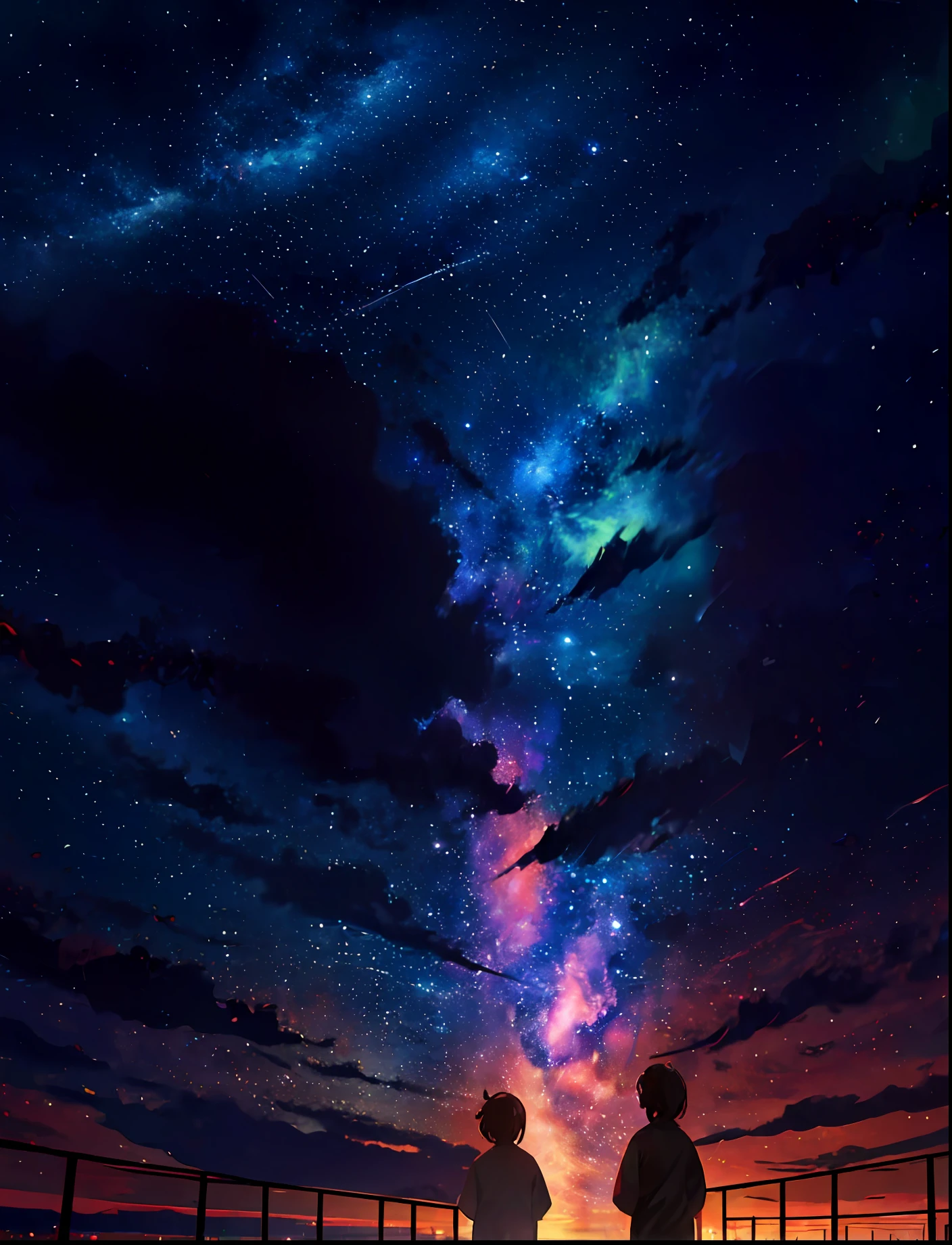 distant boy wearing a yukata staring at the stars, (zoomed out:1.1), (meteor shower:1.2), (comet:1.1), your name, low angle, from behind, aroura borealis, shooting star, yukata, cherry blossoms, standing in a field,best quality, masterpiece, cloud,colorful, starry,stars,mecha