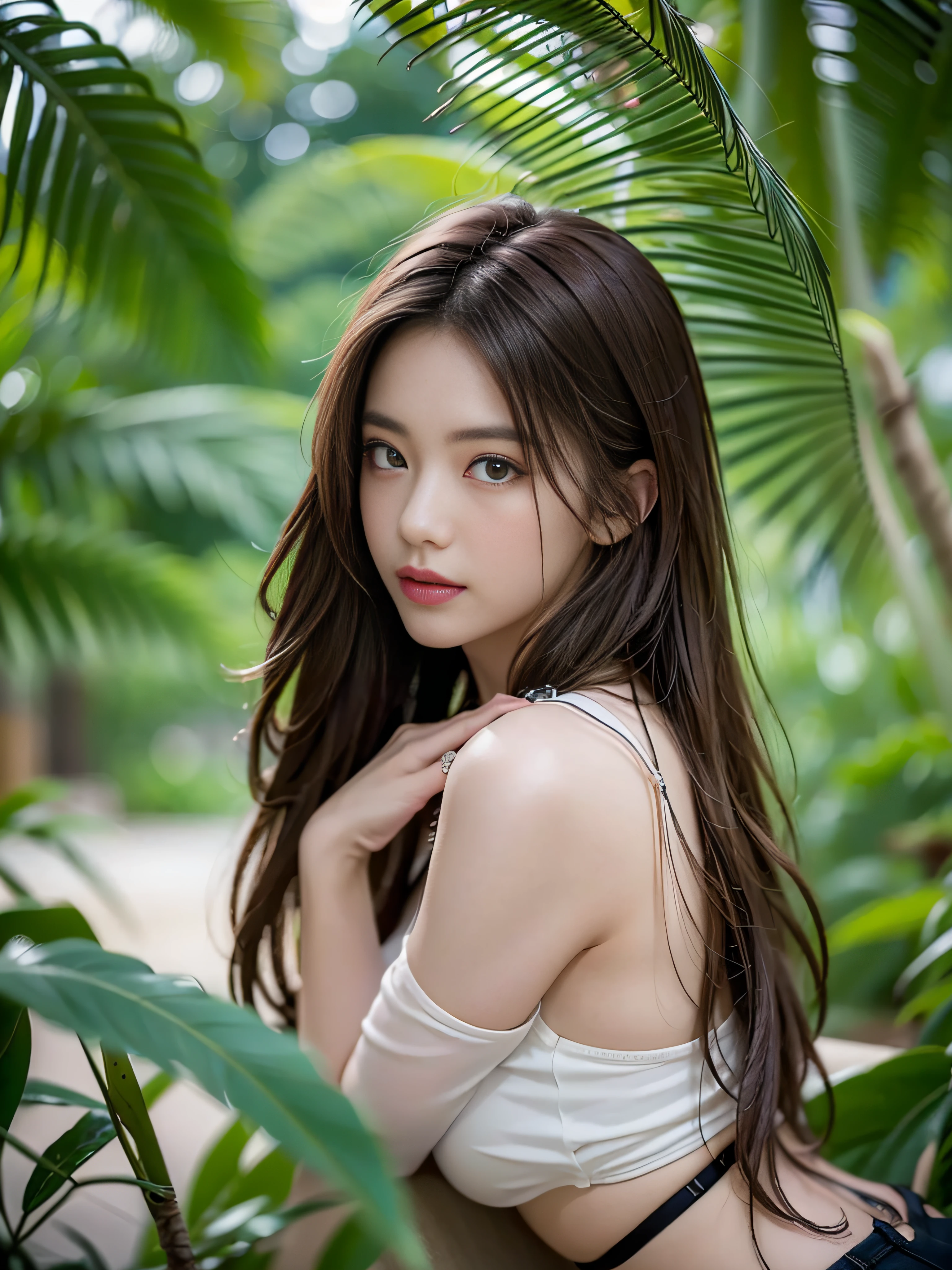 ((Realistic lighting、top-quality、8K、masterpiece:1.3))、Clear focus:1.2、NSFW:1.2,(nudde:1.2)、((realisitic)) , ((Real Light、top-quality))、Model body type:1.4、(dark brown hair、tits out:1.2)、dark-brown eyes、length hair、thin lipss、((Tropical seas、hotel))、(24 year old:1.3)、hyperdetailed face、A detailed eye、二重まぶた、a necklace、Hair over one eye、high-heels、eye line、lying back on、Raking up your hair with both hands、Smart ass