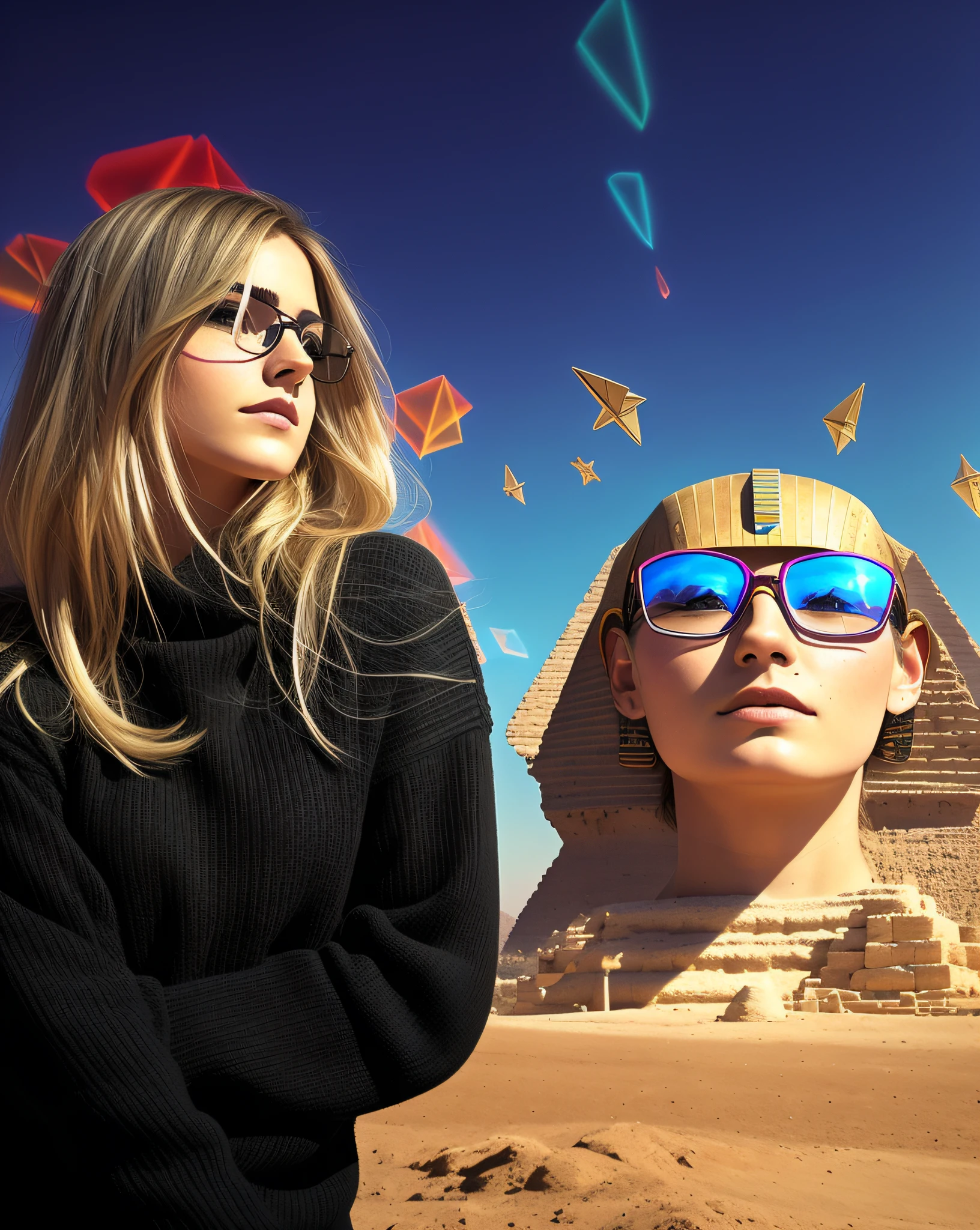 Blonde woman in black sweater and glasses standing in front of pyramids, pyramids in the background, pyramids in background, " Femme on a Galactic Coast, Pyramids, stargate standing in desert, pyramids style, Girl in Egyptian ruins, black emma watson as egyptian, Mystical setting, Foto retrato, pyramid in background, Foto retrato de pintura fosca, inspirado em Julia Pishtar