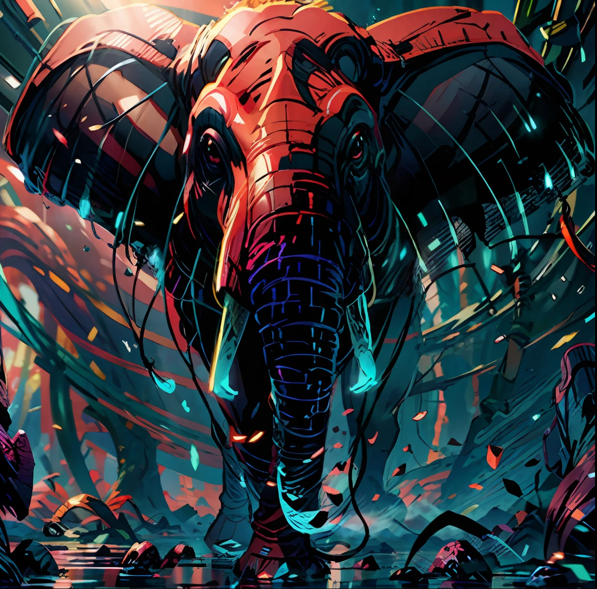 close-up of a colorful elephant, large ears, detailed, detailed trunks, elephant is facing us, focus, simple background. BREAK,Detailed,Realistic,4k highly detailed digital art,octane render, bioluminescent, BREAK 8K resolution concept art, realism,by Mappa studios,masterpiece,best quality,official art,illustration,ligne claire,(cool_color),perfect composition,absurd, fantasy,focused,rule of thirds,