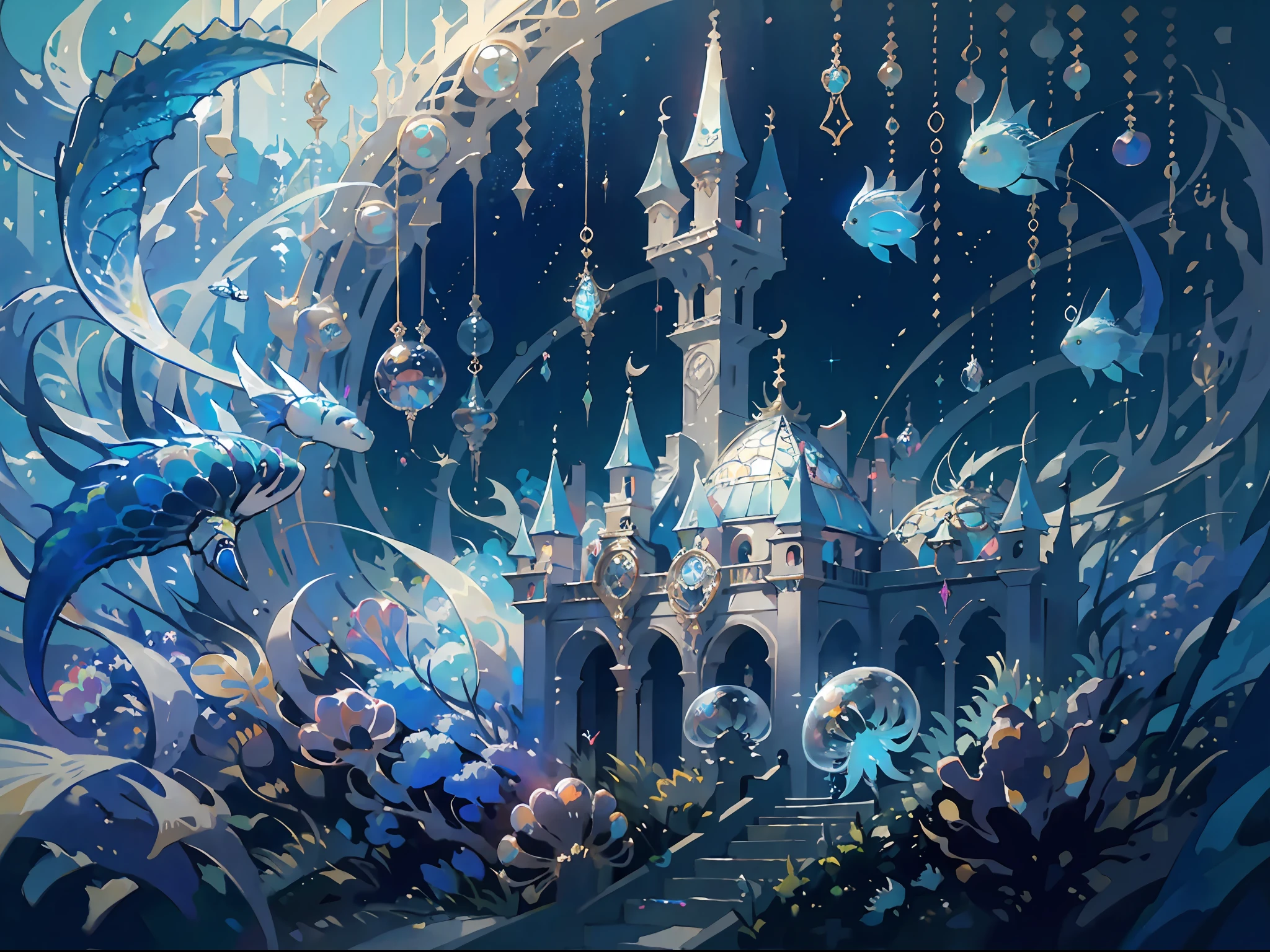 Masterpiece, High Quality, Ocean Forest, City, Fantastic Fantasy, Glowing Plants, Coral Viaduct, (Swarm of Glowing Jellyfish), (Shoal of Fish with Transparent Wings Flying in the Sky), Misty, Extreme Detail, Morning Light, Epic Composition, (Intricate Detail), (Intricate Design, Ultra Detail: 1.2), Art Station, (Masterpiece, Best Quality), Ultra HD, 32k ,castle,1girl