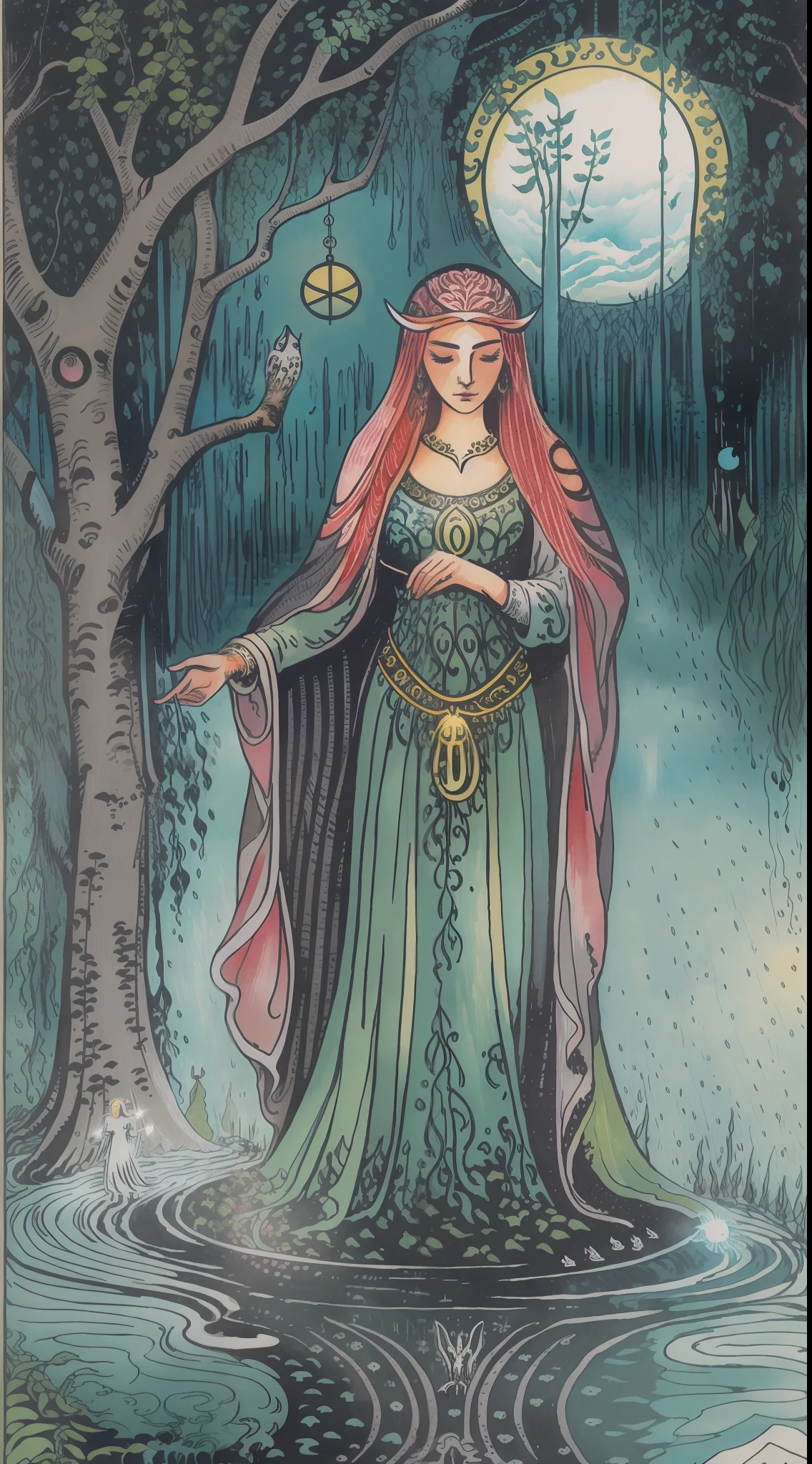 A mystical tarot card depicting "The Enchantress," a powerful sorceress standing by a moonlit lake, surrounded by weeping willows, casting a spell with glowing runes, mist rising from the water, an owl perched on her shoulder, evoking a sense of ancient magic and mystery, Illustration, watercolor on paper