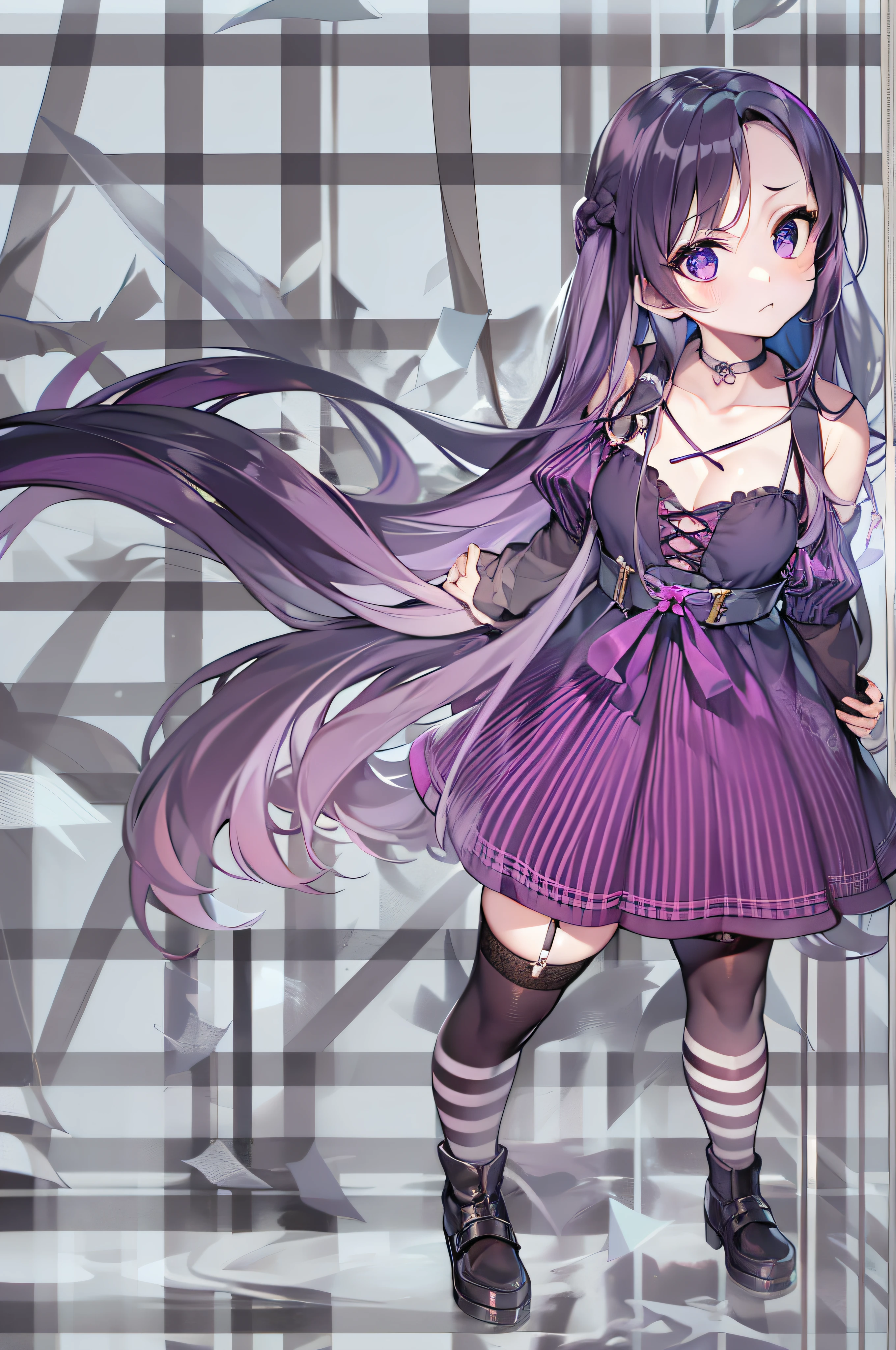 rating:safe, 1girl, solo, long_hair, purple_hair, dress, purple_eyes, very_long_hair, crossed_arms, frown, thighhighs, simple_background, purple_dress, chibi, striped, zettai_ryouiki, no_pupils, standing, black_legwear, white_background, personification, garter_straps, short_dress, jitome, looking_at_viewer, hands_on_hips, >:(