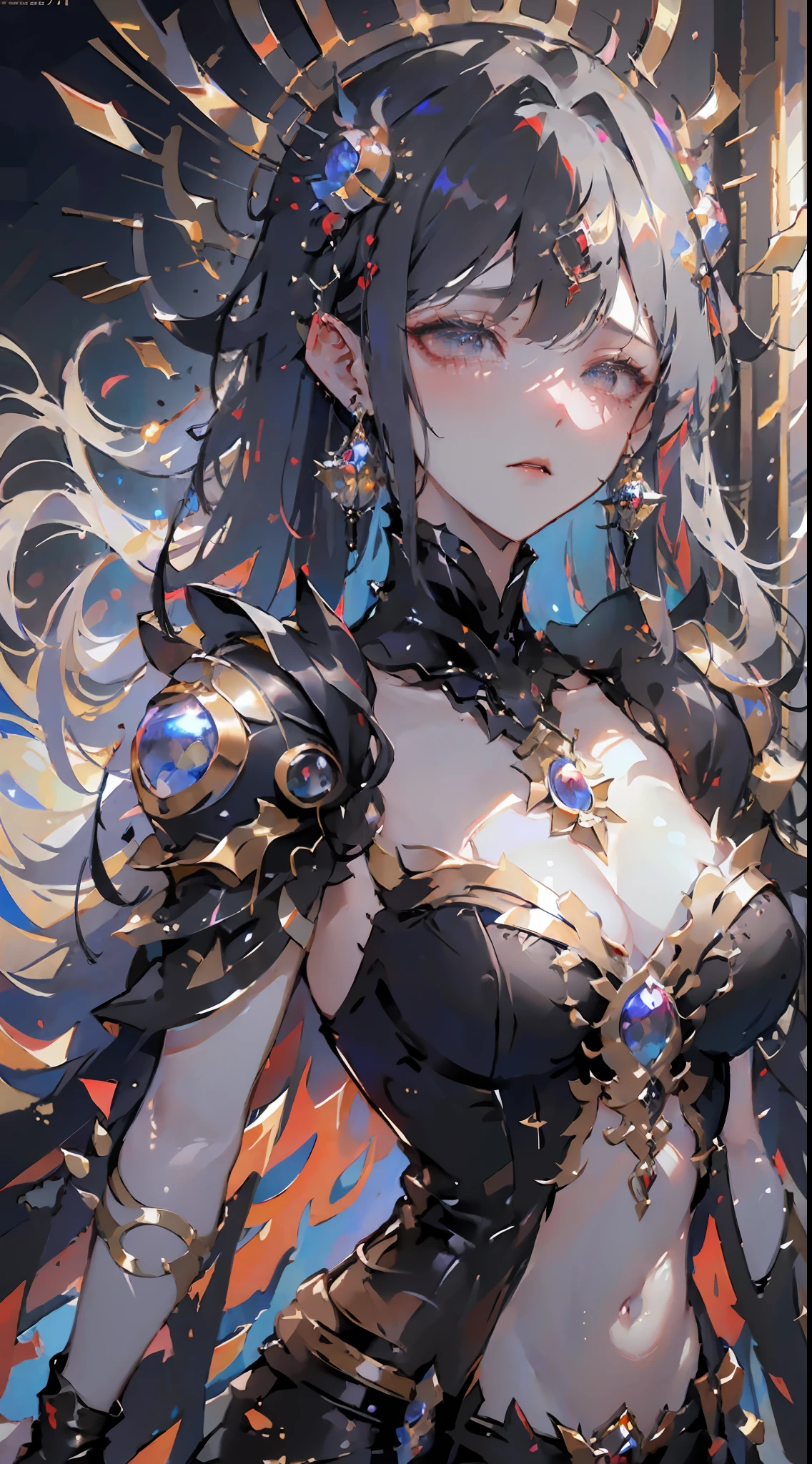 beautiful detailed background, octane render, 8k, best quality, masterpiece, illustration, extremely delicate and beautiful, detailed,extremely detailed,CG,unity,wallpaper,Amazing, fine detail, realistic art: 1.2 ,masterpiece, best quality, official art, extremely detailed CG unity 8k wallpaper,1girl, (((long black straight hair,))), dark knight,red eyes,beautiful face, upper body,(black Armor and red robe,) looking at view realistic photo,Evil laugh,
(hiqcgbody) ,perfect female figure,earring,narrow waist, (looking at view), alluring,prestige,(fire,indoor,ruins)