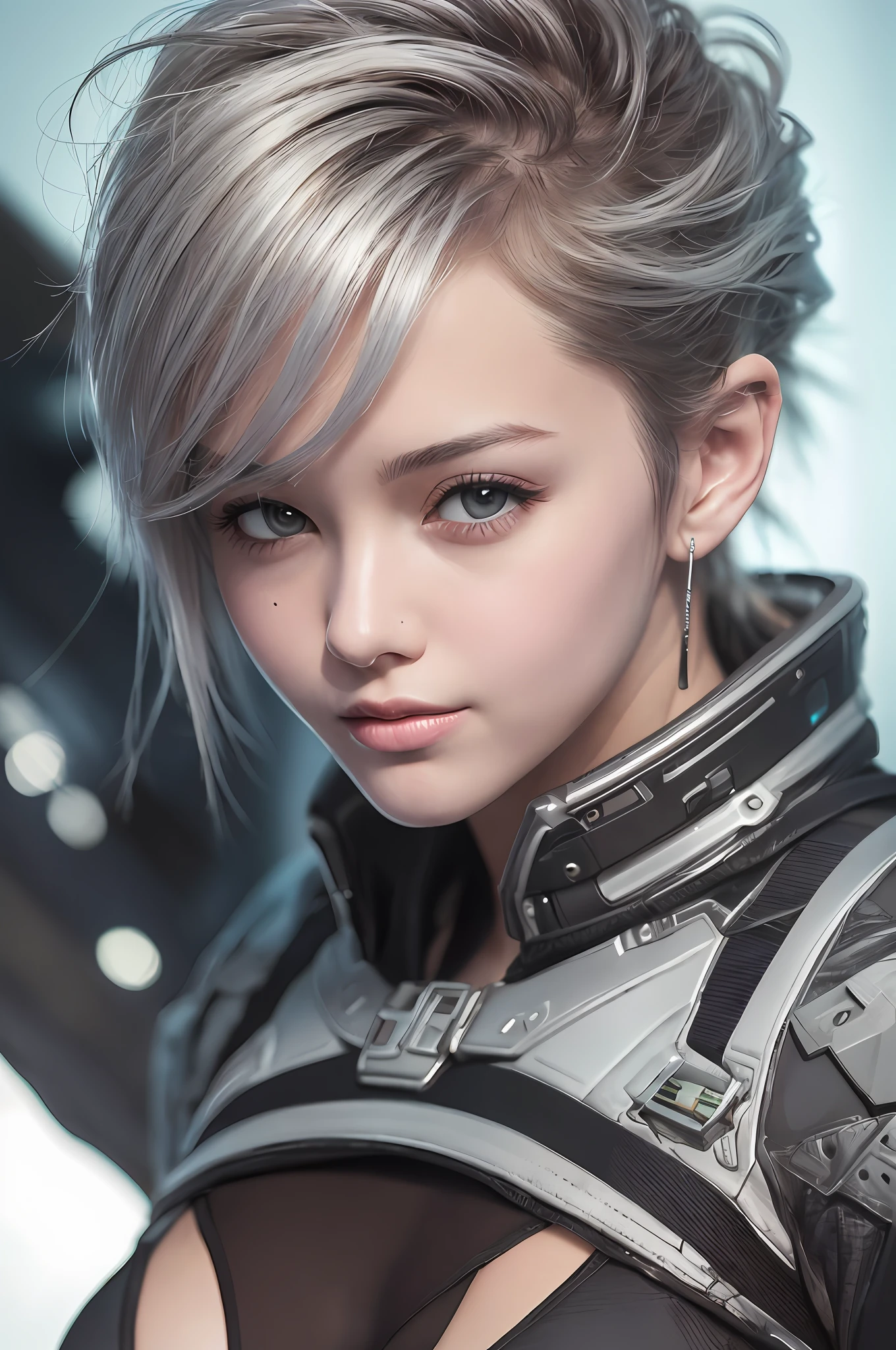 (8k, photorealistic, RAW photo, top quality: 1.4), (1girl), super beautiful, (realistic face), (boyish, silver-colored berry short hair), beautiful cyberpunk suit, glares seducing viewer, beautiful expression, beautiful breasts, (realistic skin), beautiful smile, (soldier), attractive, ultra high resolution, ultra realistic, high definition, spoiled