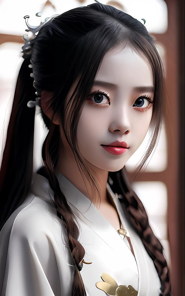 top-quality、masterpiece、hight resolution、Wuxi 1girl、(seducting smile:0.8)、star-shaped pupils、Hanfu, China、Brown hair、hair adornments、a necklace、jewely、beautiful countenance、upon_body、Tindall Effect、Photorealsitic、Dark Studio、Rim Lighting、two tone lighting、(High Detail Skins:1.2)、8K UHD、Digital SLR、Soft lighting、hightquality、Volumetric lighting、Frankness、a picture、hight resolution、4k、8k、bokeh dof