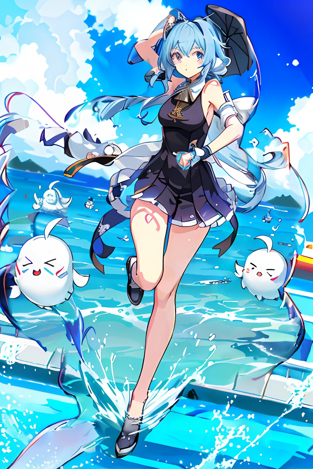 Anime girl running in water in black dress and blue hair, azur lane style, Water type, 《azur lane》role, A scene from the《azur lane》videogame, Kantai collection style, Official artwork, Loli, Anime girl walking on water, Have by the sea, from girls frontline, Splash art anime Loli, rimuru tempest, Pisif