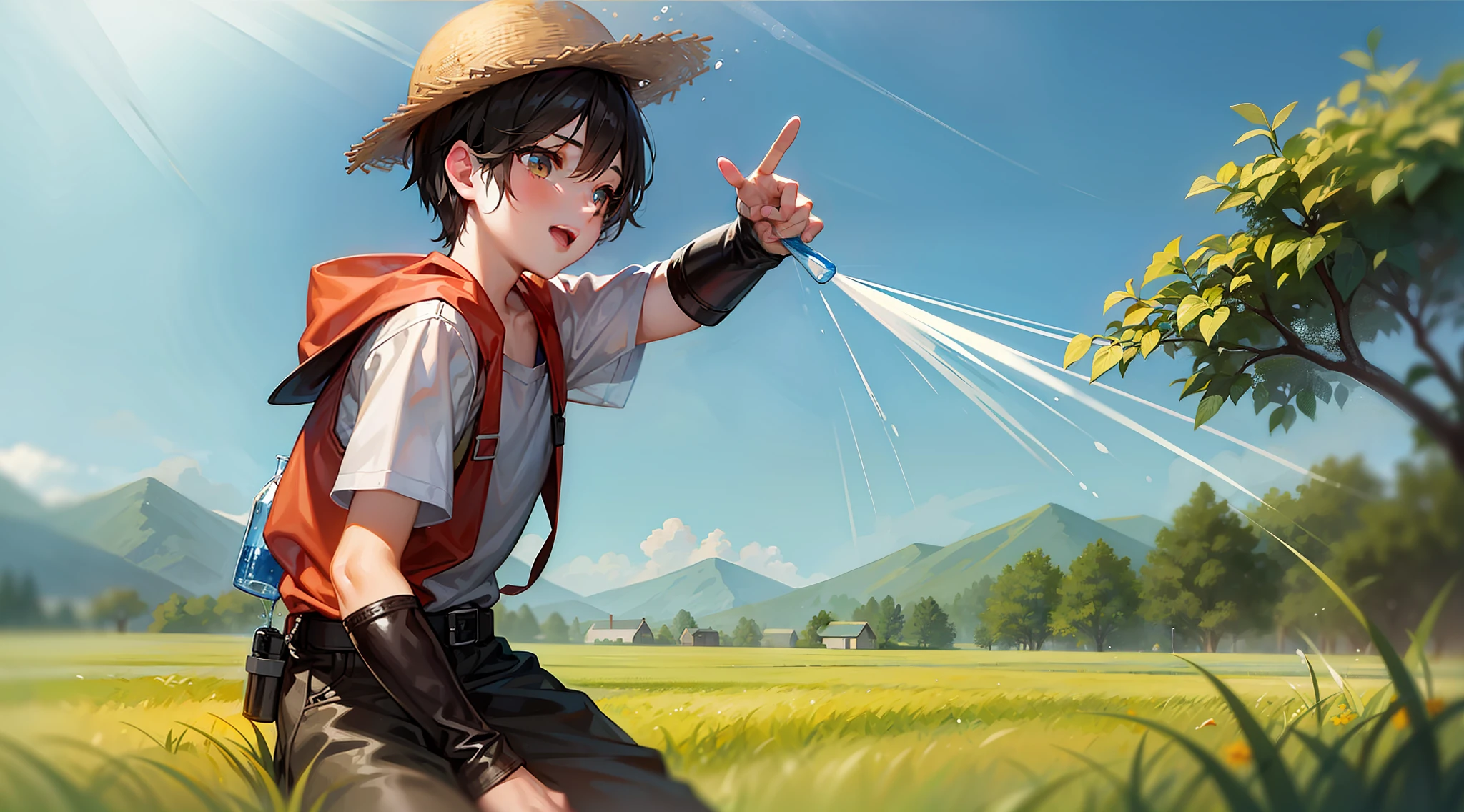 A Young boy Aiden pouring water from bottle to the crops in field