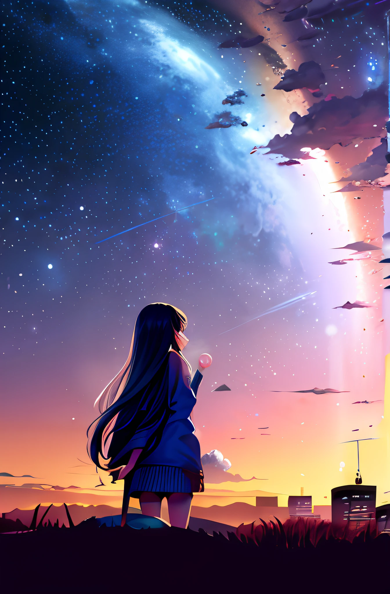 octans, Skysky, stele(Skysky), landscapes, starrysky, natta, 1girl in, nigh sky, 独奏, plein air, built, ​​clouds, milkyway, sitting on, The tree, length hair, 城市, silhuette, Cityscape、a miniskirt、fine hand、gyuru、Back