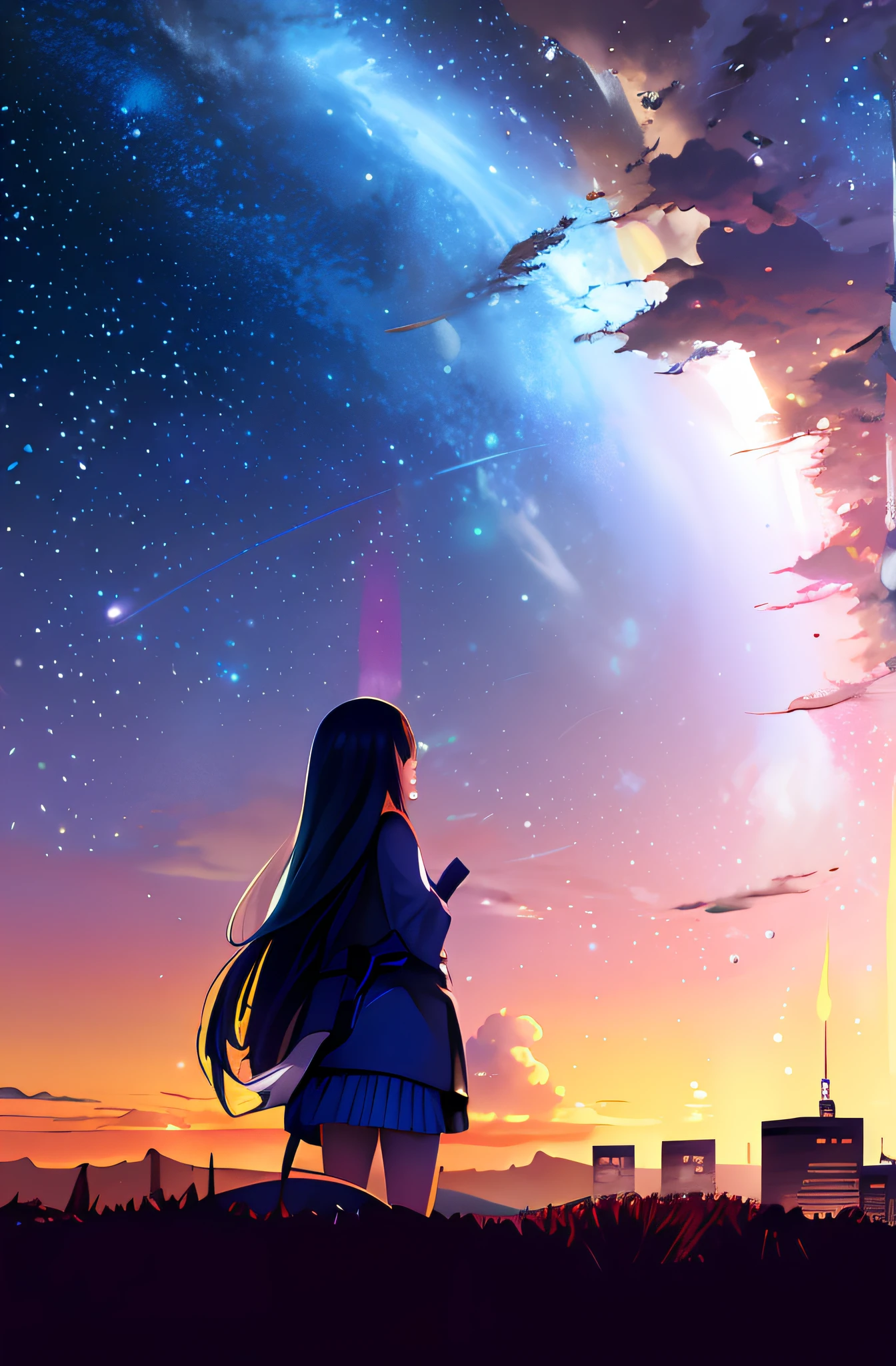octans, Skysky, stele(Skysky), landscapes, starrysky, natta, 1girl in, nigh sky, 独奏, plein air, built, ​​clouds, milkyway, sitting on, The tree, length hair, 城市, silhuette, Cityscape、a miniskirt、fine hand、gyuru、Back
