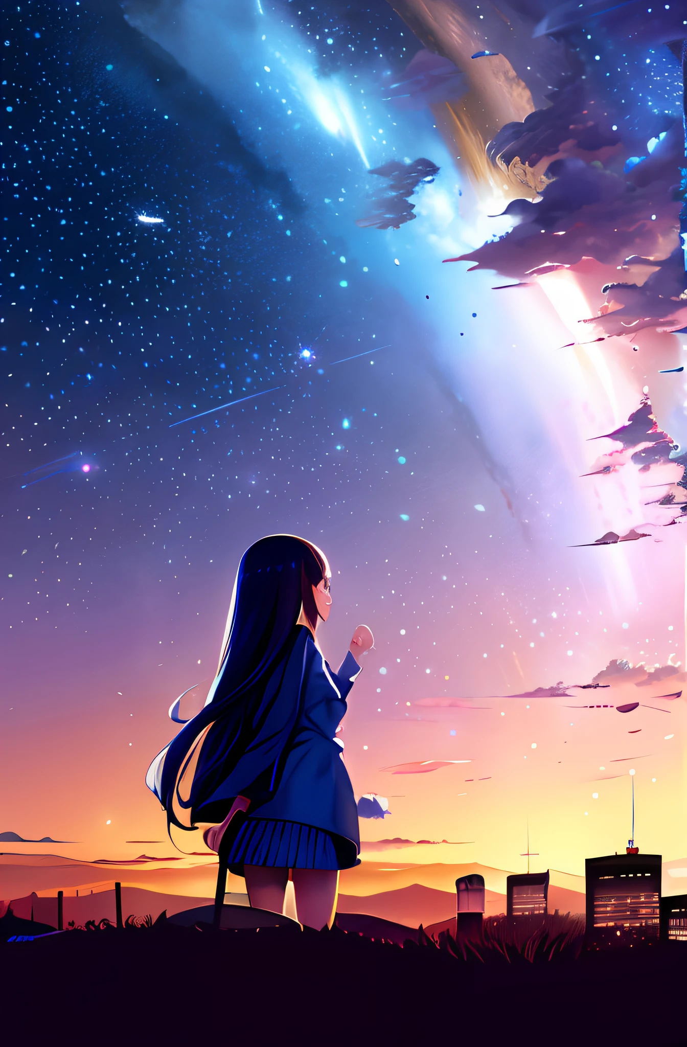 octans, Skysky, stele(Skysky), landscapes, starrysky, natta, 1girl in, nigh sky, 独奏, plein air, built, clouds, milkyway, sitting on, The tree, length hair, 城市, silhuette, Cityscape、a miniskirt、fine hand、gyuru、Back