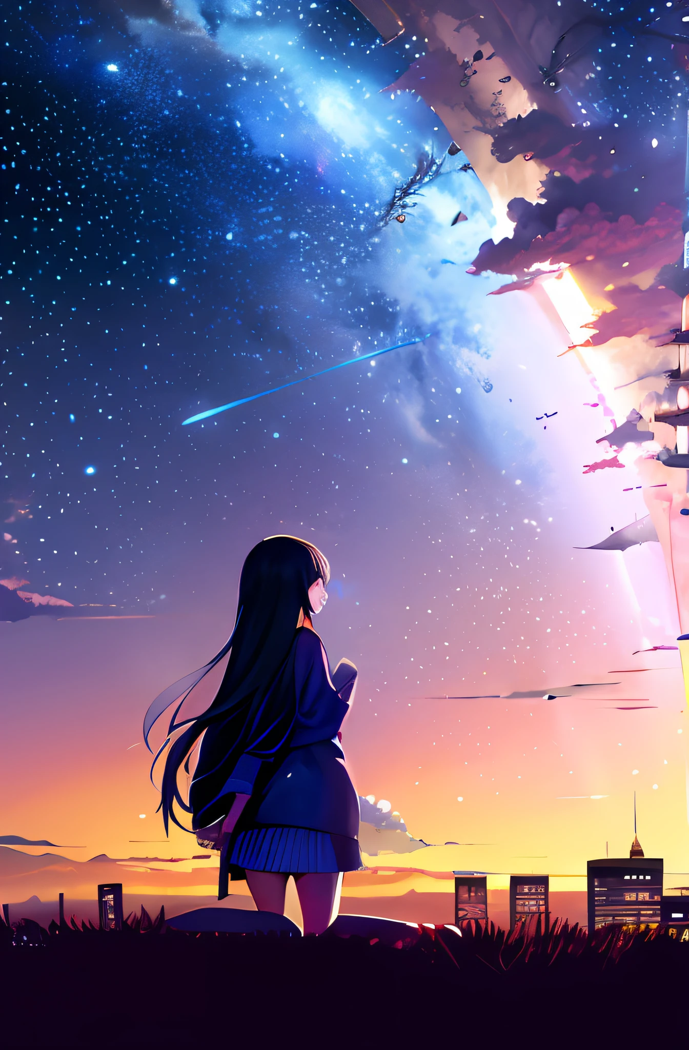 octans, Skysky, stele(Skysky), landscapes, starrysky, natta, 1girl in, nigh sky, 独奏, plein air, built, clouds, milkyway, sitting on, The tree, length hair, 城市, silhuette, Cityscape、a miniskirt、fine hand、gyuru、Back