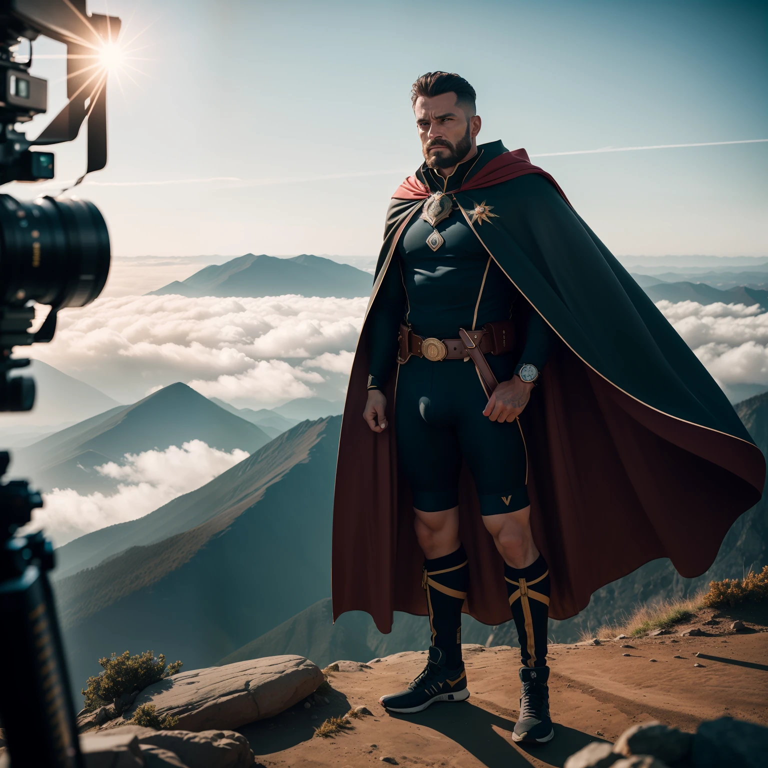 A raw photo of a proud warrior man, standing atop a mountain peak, his cape billowing in the wind, perfect face features, perfect eyes, hopeful, volumetric lighting, sun rays, detailed shadows, indoor, hasselblad X2D 100c, hasselblad XCD 80mm f/1.9 lens, depth of field, bikes, film grain, sharp focus, photorealistic, masterpiece, intricate details, high contrast, 8k, UHD, HDR, high-res, best lens, absurdres, award winning photography, best composition, rule of third, full body shoot.