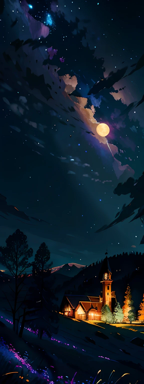 Expansive landscape photograph, (view from below with a view of the sky and the wilderness below), little puppy standing in a flower field looking up, (full moon: 1.2), (shooting star: 0.9), (nebula: 1.3), distant mountain, tree break production art, (warm light source: 1.2), (firefly: 1.2), lamp, purple and orange, intricate detail, volume lighting BREAK (masterpiece: 1.2), (highest quality ), 4k, ultra-detailed, (dynamic configuration: 1.4), highly detailed and colorful details (iridescent: 1.2), (sparkling lighting, atmospheric lighting), dreamy, magical, (solo: 1.2)