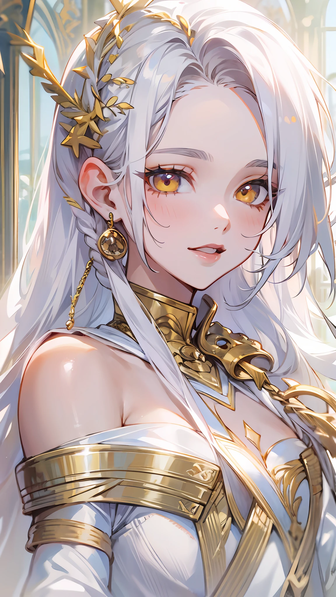 best quality, masterpiece,white hair, gold eyes,white clothes, looking up, upper body,hair strand,Fair skin,side braids