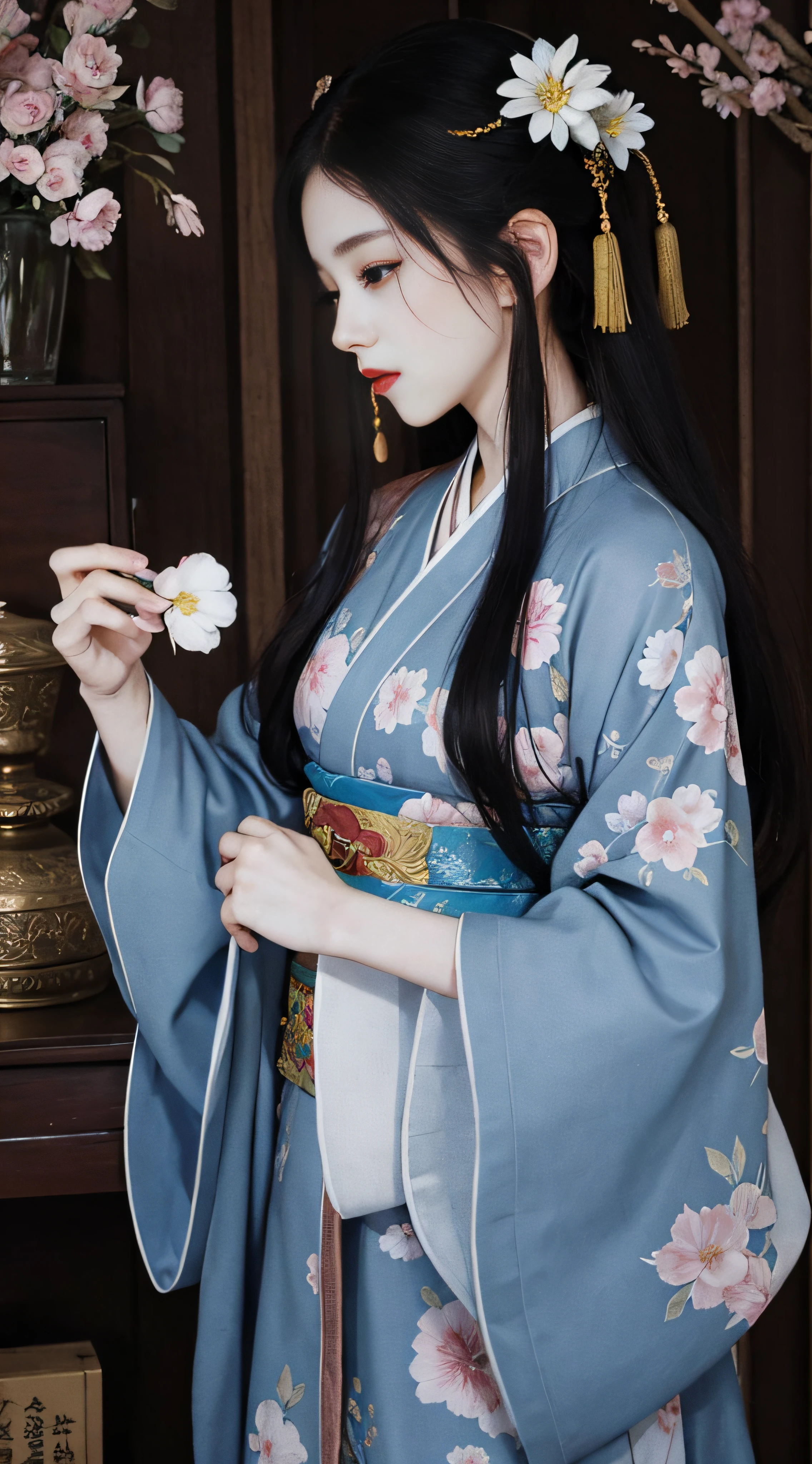 arafed woman in a kimono dress holding a flower, Palace , A girl in Hanfu, ancient chinese beauti, Inspired by Qiu Ying,Hanfu, author:Mei Qing, National style, ancient china art style, author:Qiu Ying, inspired by Uemura Shōen, Middle metaverse, Princesa chinesa antiga