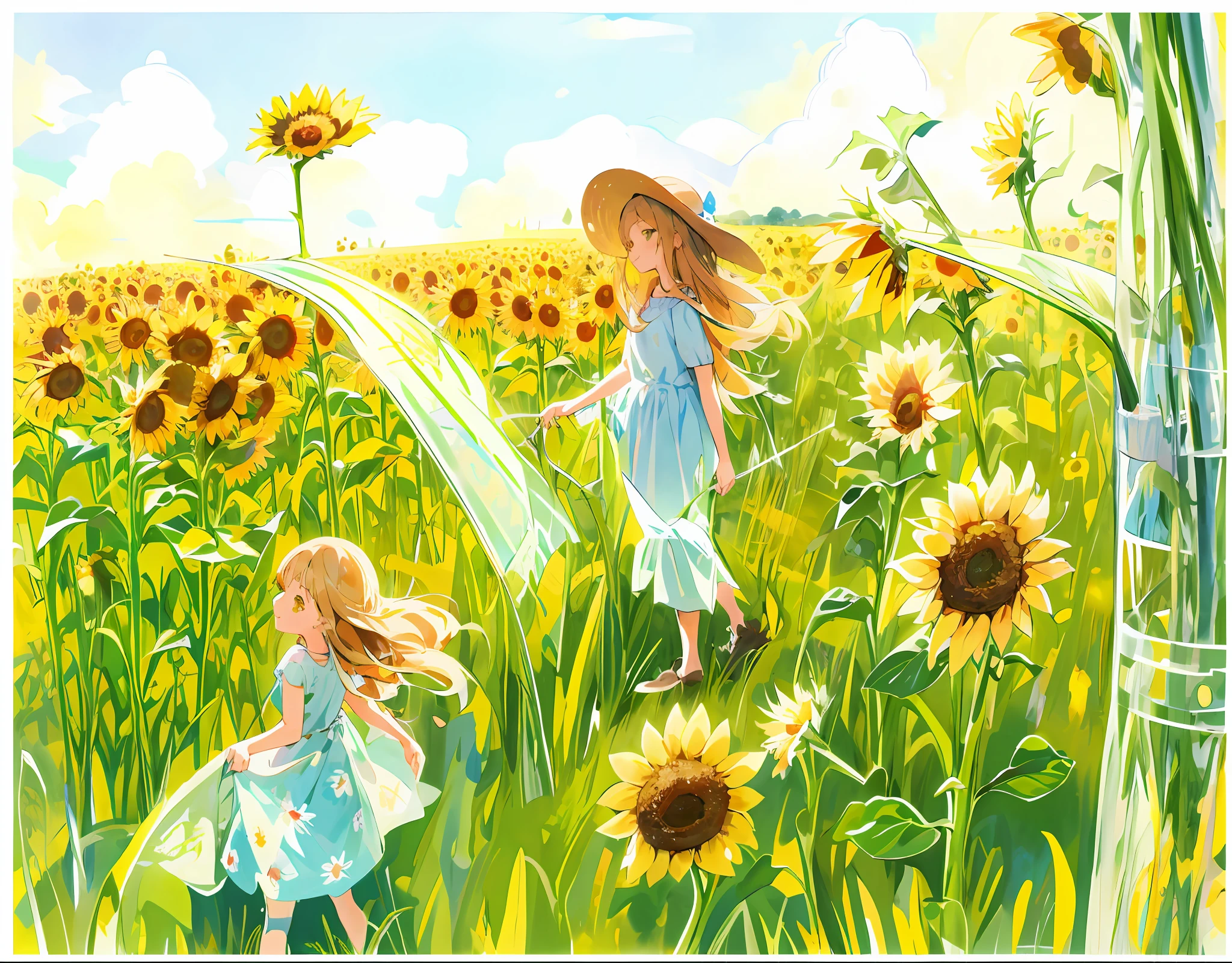 Painting of two girls in a sunflower field, A beautiful artwork illustration, scene : Sunflower field, scene: Sunflower field, beautiful sunflower anime girl, on a bright day, Sunflower field, On a sunny day, Girl in a flower field, Beautiful illustration, himawari, Beautiful artwork, Very Beautiful Digital Art, in a field of flowers, Beautiful digital artwork