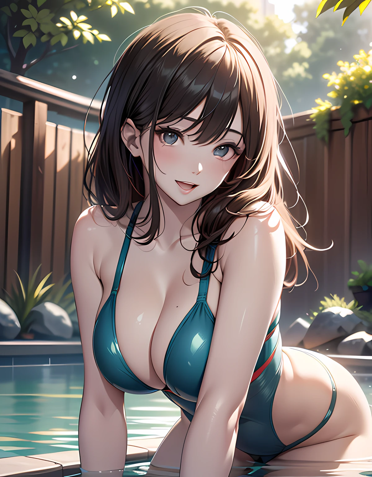 photo realistic, (8k, RAW photo, best quality, masterpiece:1.2), High detail RAW color photo, professional photograph, cowboy shot, (realistic, photo realistic:1.37),cinematic light, (finery detailed face:1.2), cowboy shot, thigh 1 girl, 24-28 years old, very cute, very beautiful, photo realistic, Beauty event companion, BREAK, white skin, real human skin, (detailed face), oval face, pores, ultra high res, BREAK, slim, (gigantic-breast:1.37, big breast:1.37, big cleavage:1.37), (looking straight at viewer with a serene and goddess-like happiness:1.2), (lifter gloss, eyelashes, gloss-face, best quality, ultra highres, Broad lighting, natural shading), brown thin hair, bangs, BREAK, (yellow pvc swimsuit:1.3), ((private hot spring pool, outdoor)), ((light smile, open mouth:1.5, humid, in heat, blush, seductive emotion, aroused)), ((from below:1.3, leaning forward:1.3, kneeling:1.3, all fours:1.3, holding own breast:1.3, covering own breast on hand)), blurry background, bokeh, depth of field, cowboy shot:1.3, centered image,